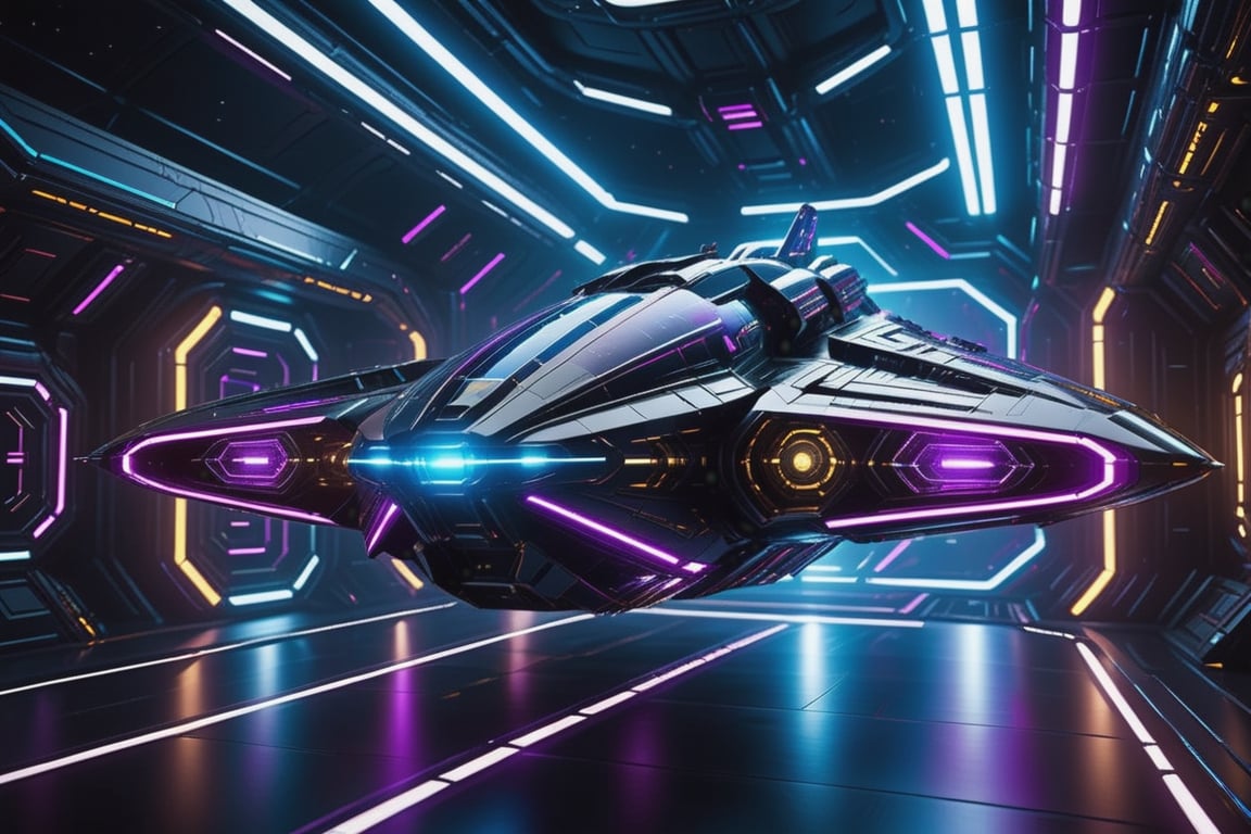 cyberpunk starship navigating the cosmos with sleek,  angular contours,  adorned by vibrant colored neon lights illuminati...