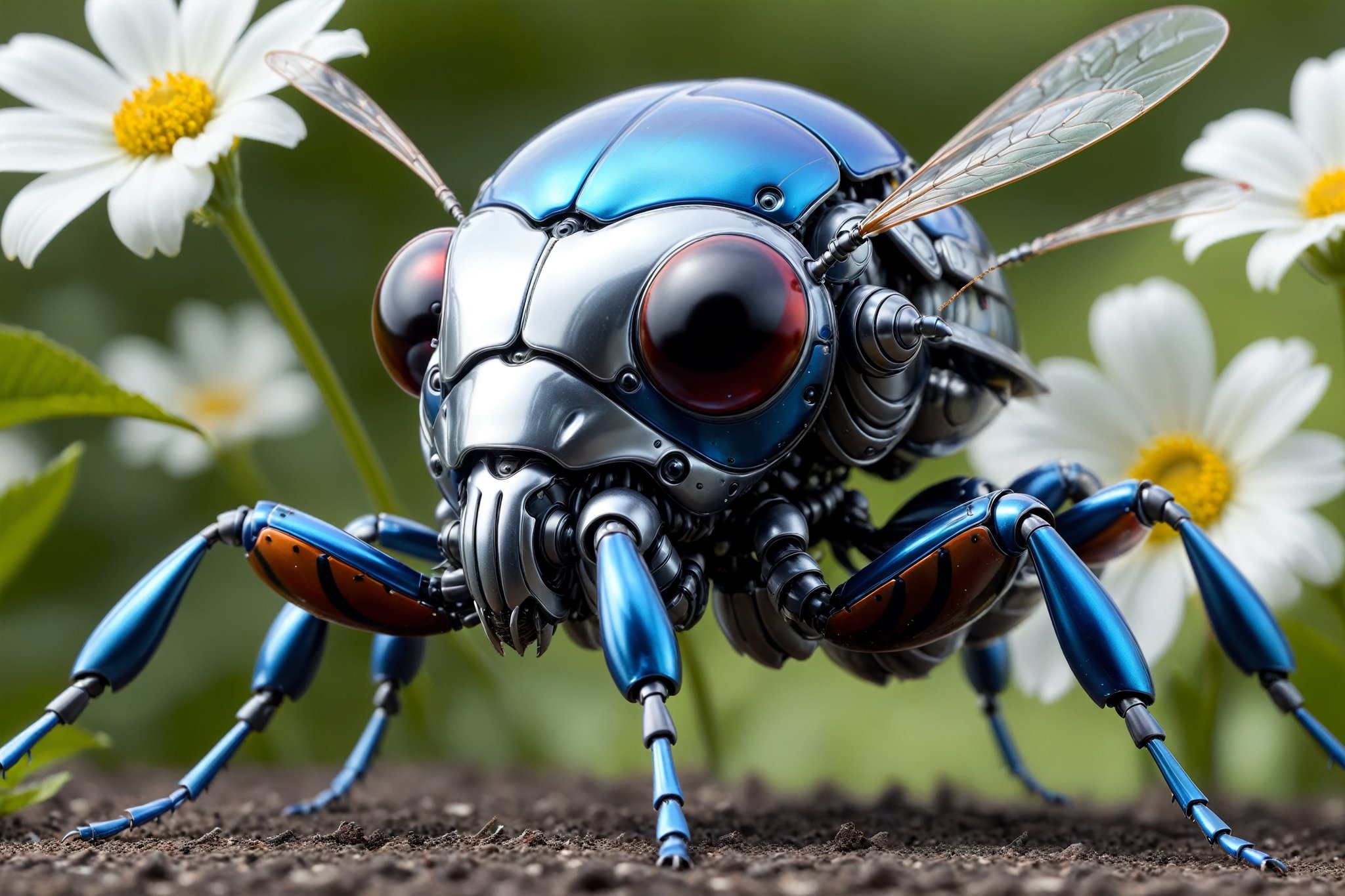 cinematic,  background blur garden with WHITE flowers,  chrome robotic body metal flying beetle RED BLUE and black color b...