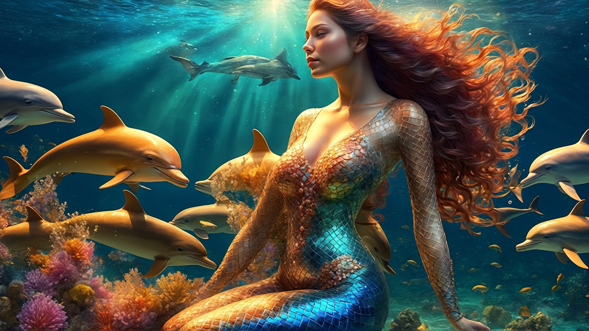 illustration,  high detailed professional photo of a transparent MERMAID SWIMMING WITH DOLPHINS in the ocean,  with glowin...