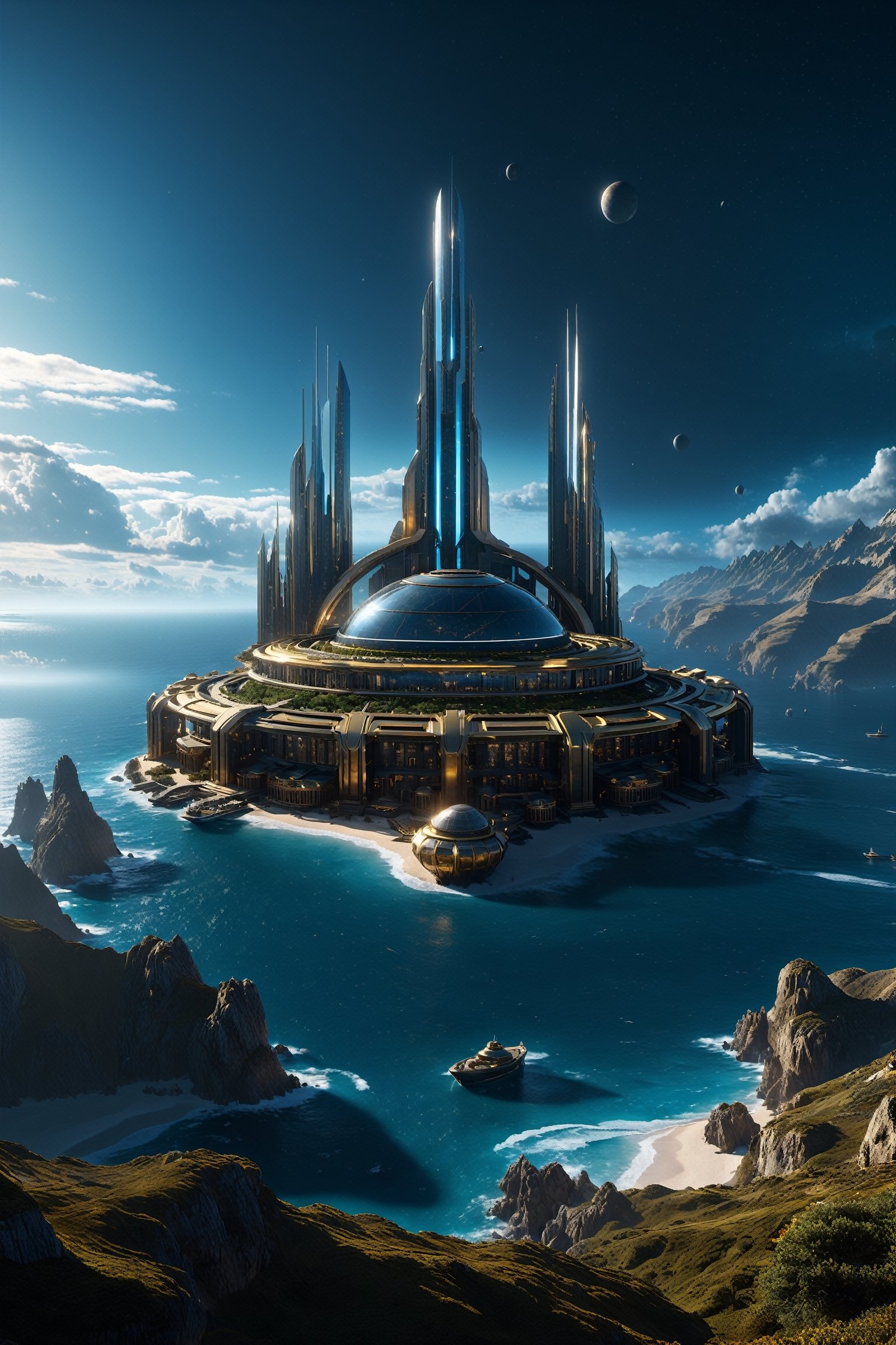 A Photograph: Behold a breathtaking vista of a hyperdetailed Renaissance Sci-Fi Fantasy world,  a coastal town nestled gra...