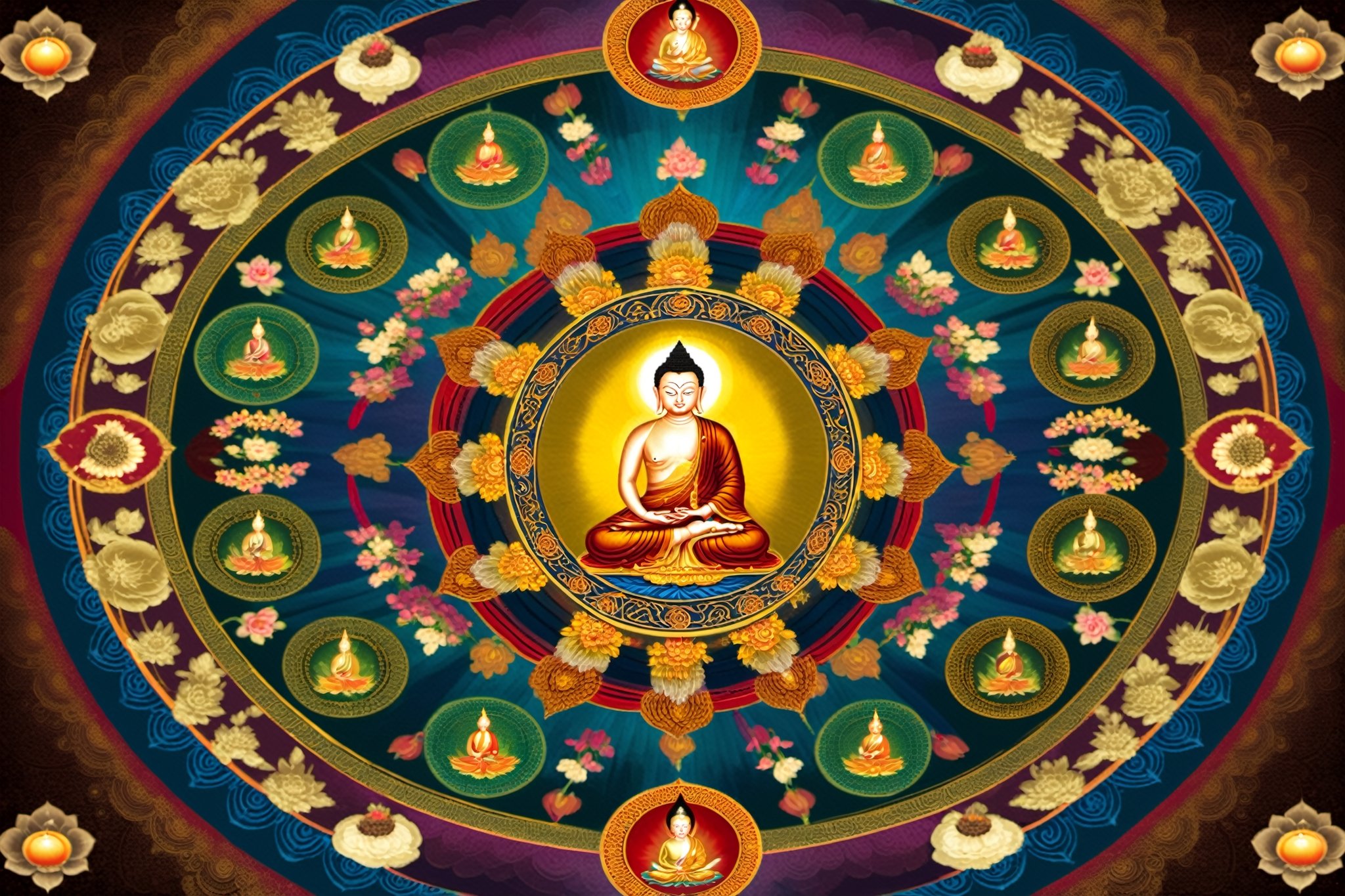 an image of A mandala One well-known type of mandala is the mandala of the "Five Buddhas",  archetypal Buddha forms embody...