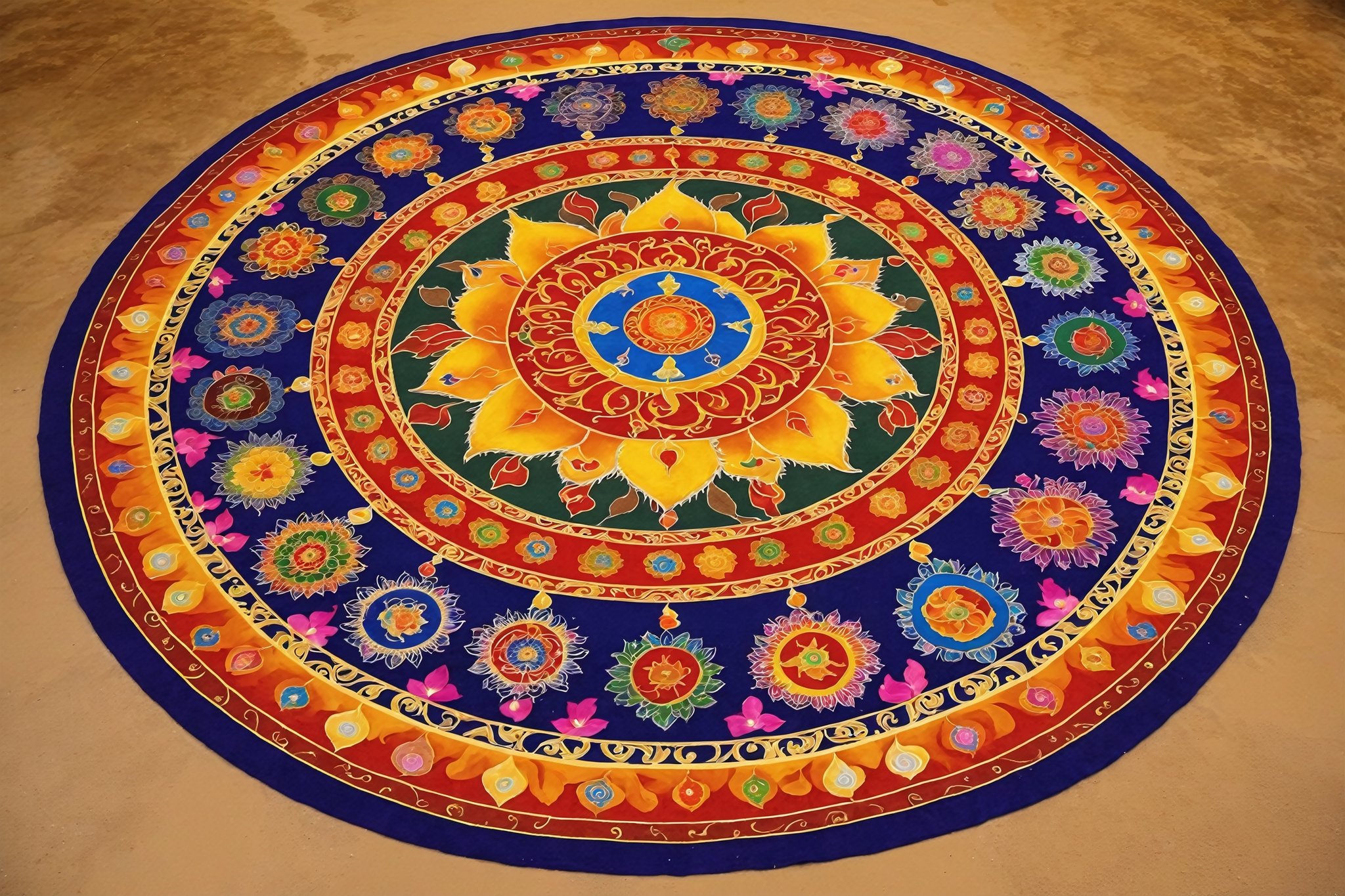 Create a realistic an image of A Sand mandala which are colorful mandalas made from sand that are ritualistically destroye...