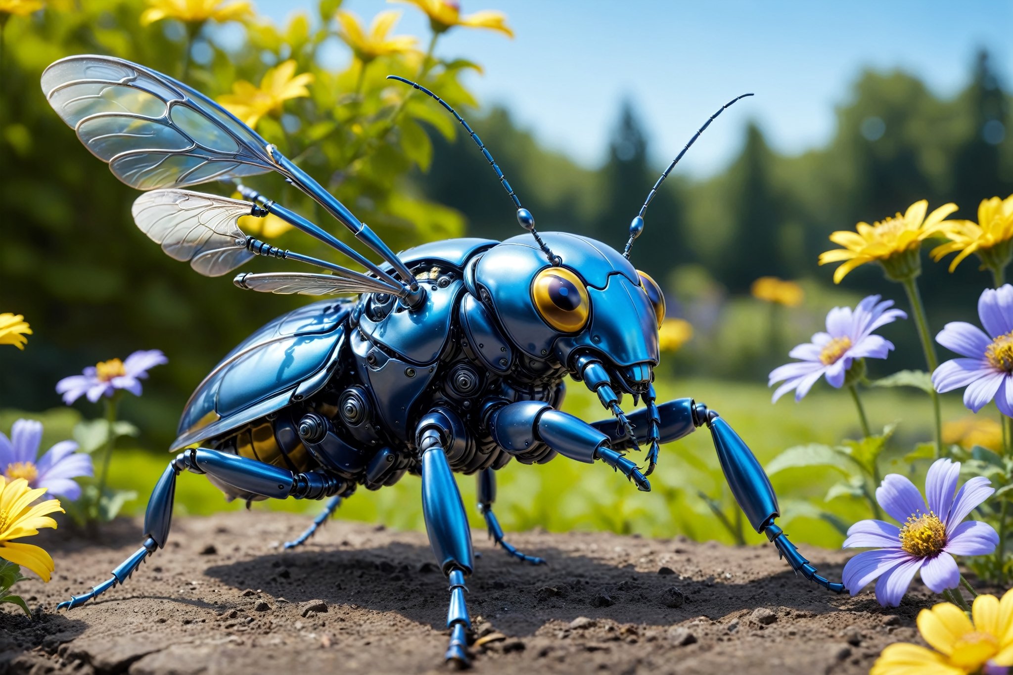 cinematic,  background blur garden with flowers,  chrome robotic body metal stag beetle BLUE YELLOW and black color by A.I...