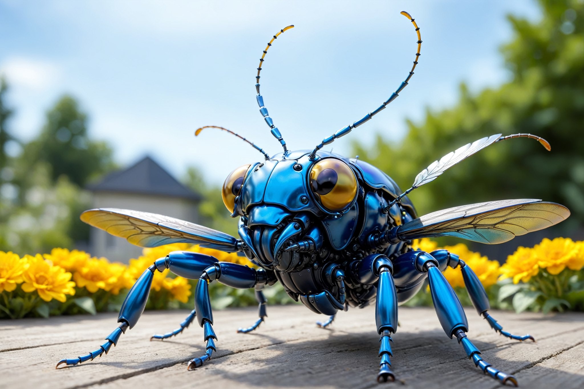 cinematic,  background blur garden with flowers,  chrome robotic body metal stag beetle BLUE YELLOW and black color by A.I...