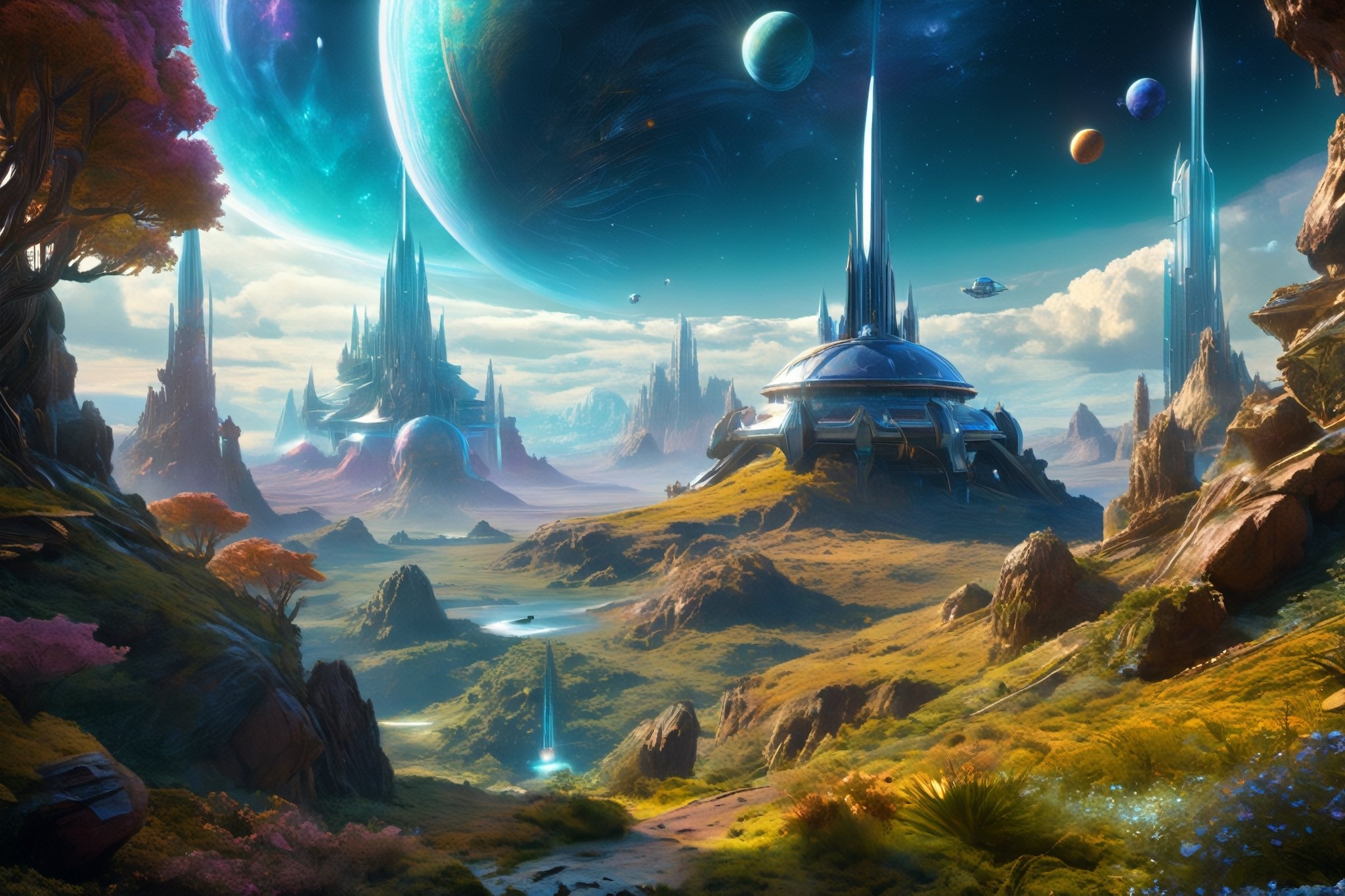 retro scifi landscape,  beautiful colours,  sharp textures by A.I. DIGITAL ARTS N.Y on Tensor.Art