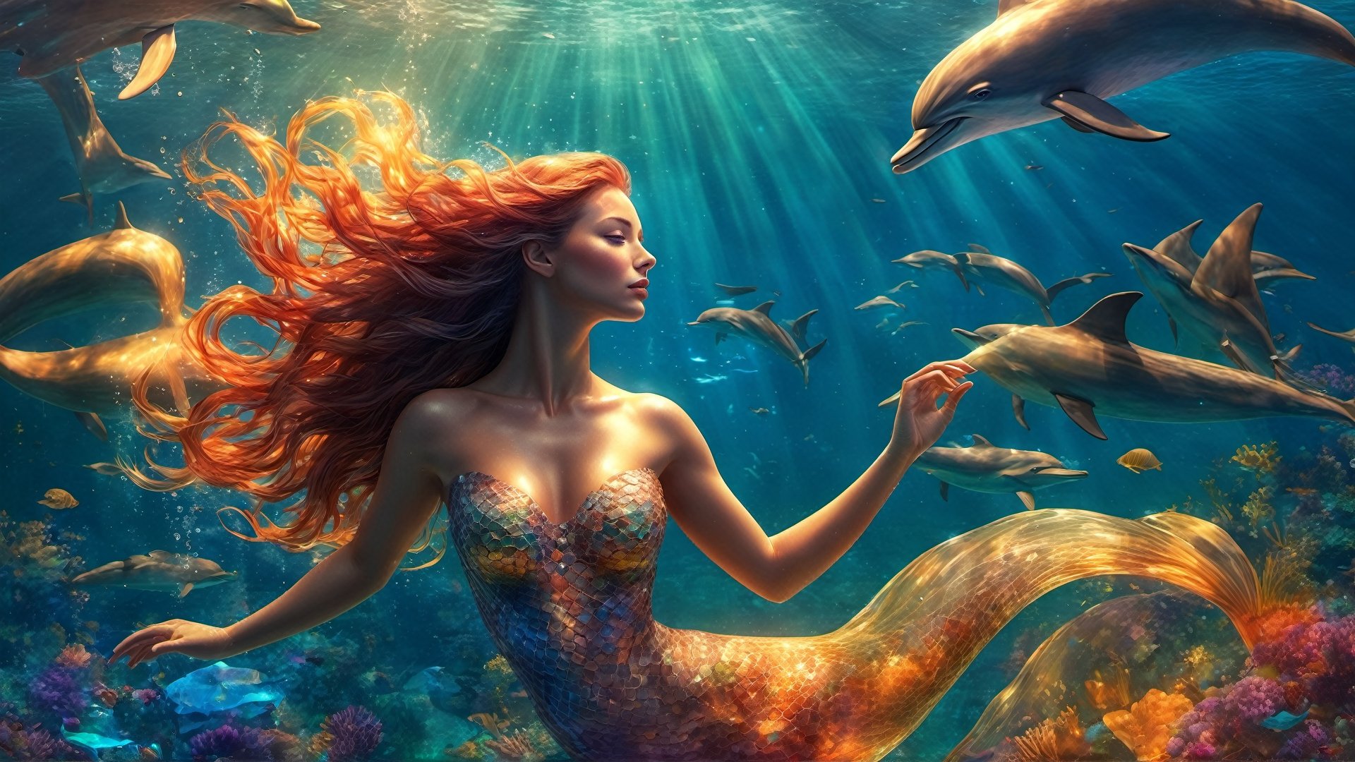 illustration,  high detailed professional photo of a transparent MERMAID SWIMMING WITH DOLPHINS in the ocean,  with glowin...