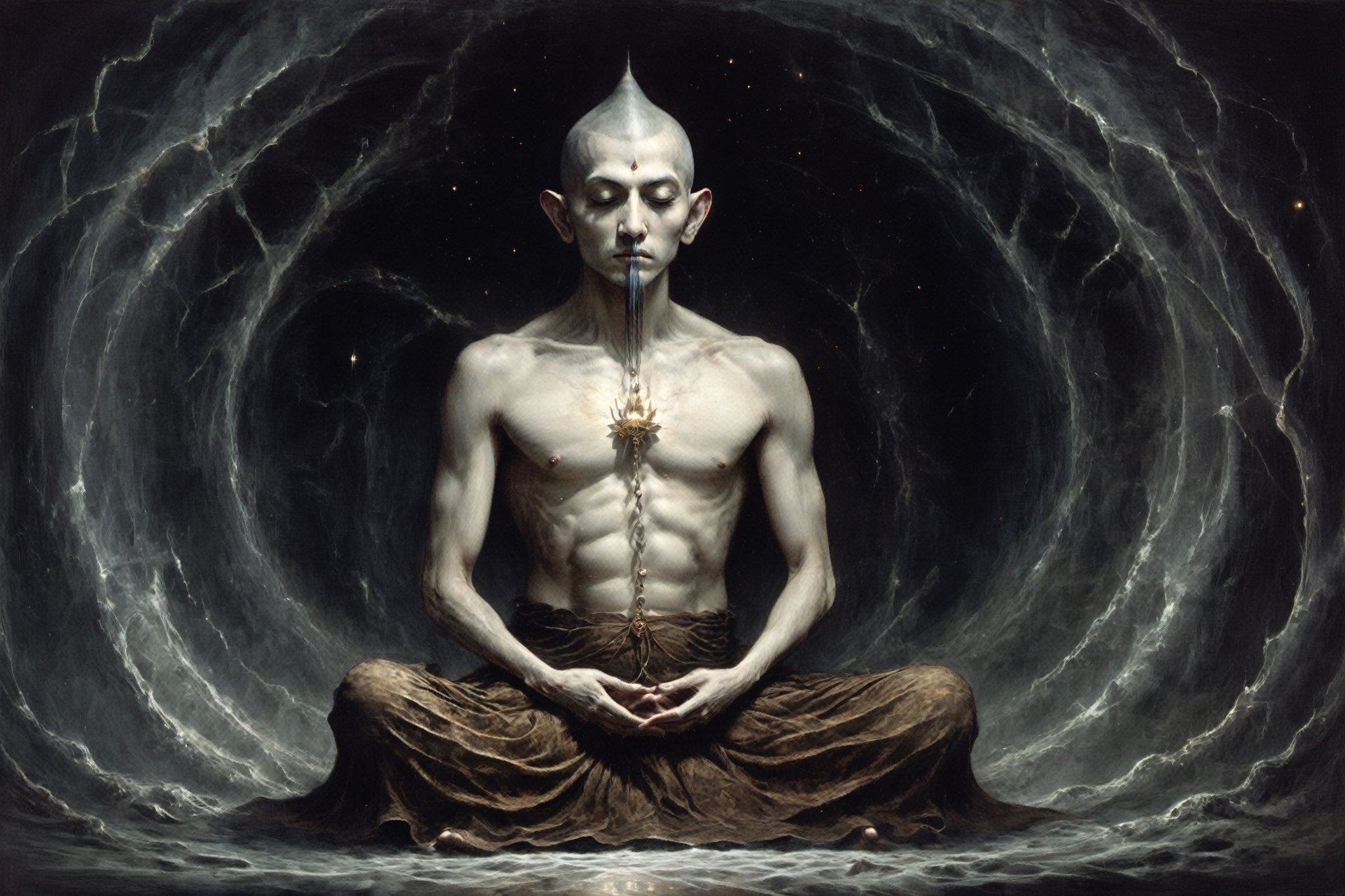 astrar body monk,monk doing zazen meditation
,back ground Lotus NEVULA, heightened  consciousness,other dimensions, ,Obsidian Enigma Art Style,