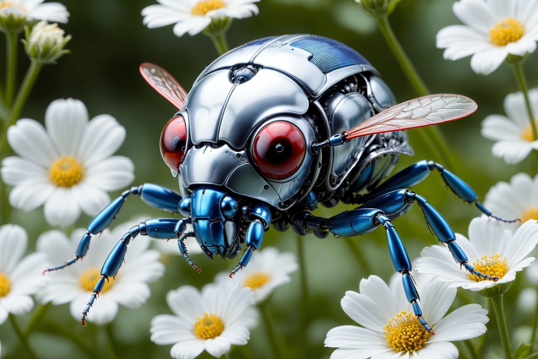 cinematic,  background blur garden with WHITE flowers,  chrome robotic body metal flying beetle RED BLUE and black color b...