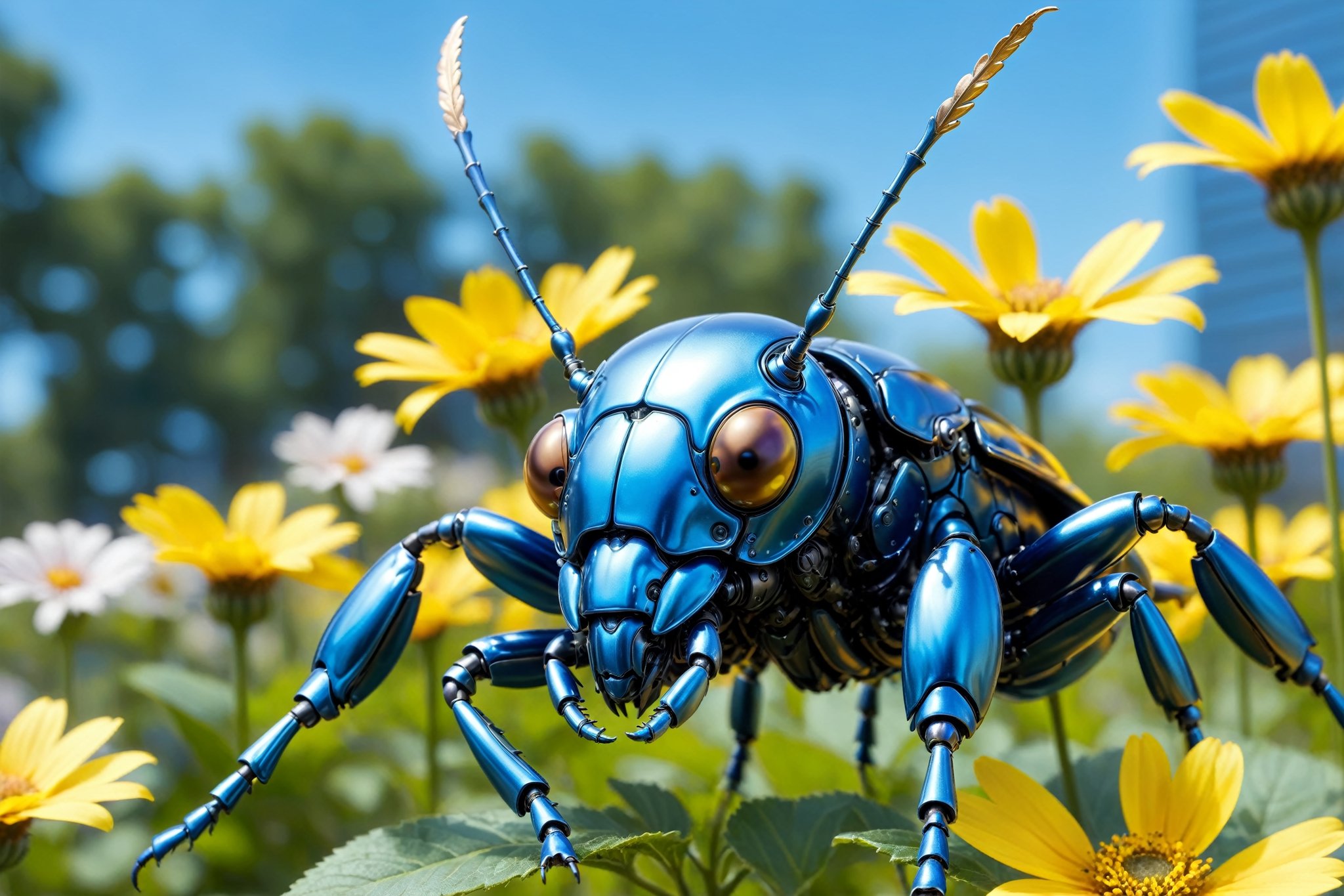 cinematic,  background blur garden with flowers,  chrome robotic body metal stag beetle BLUE YELLOW and black color by A.I...
