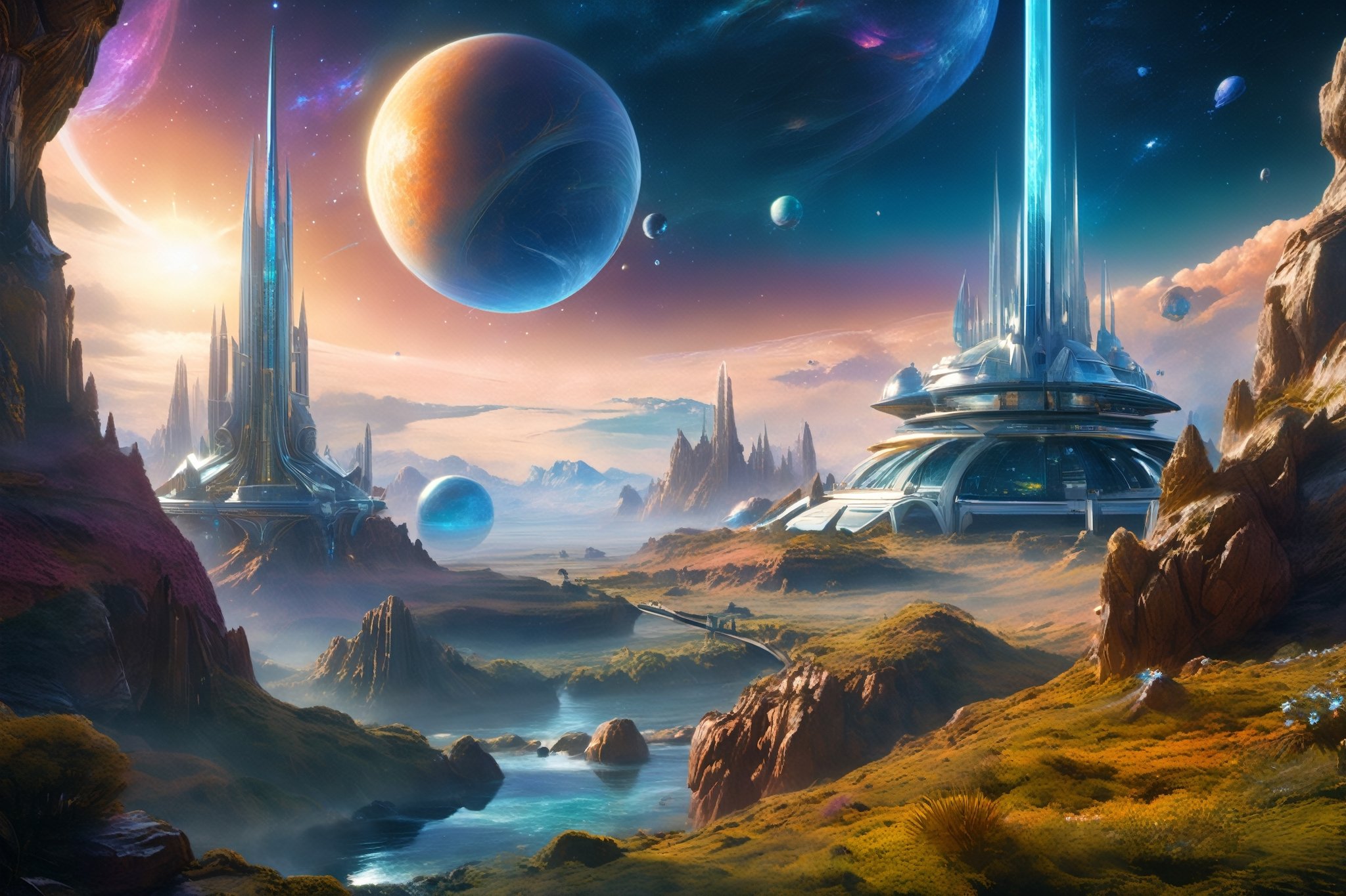 retro scifi landscape,  beautiful colours,  sharp textures by A.I. DIGITAL ARTS N.Y on Tensor.Art