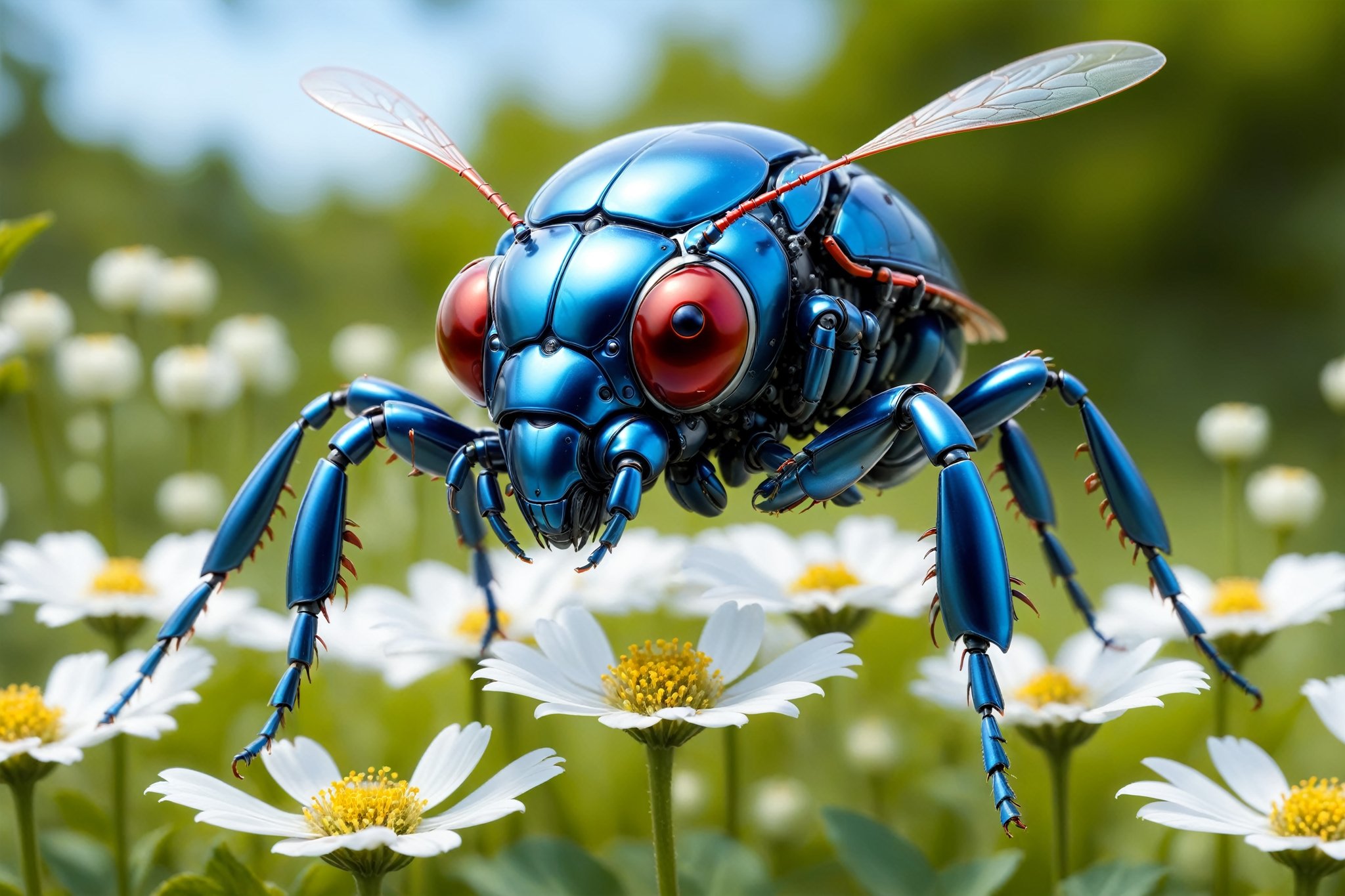cinematic,  background blur garden with WHITE flowers,  chrome robotic body metal flying beetle RED BLUE and black color b...