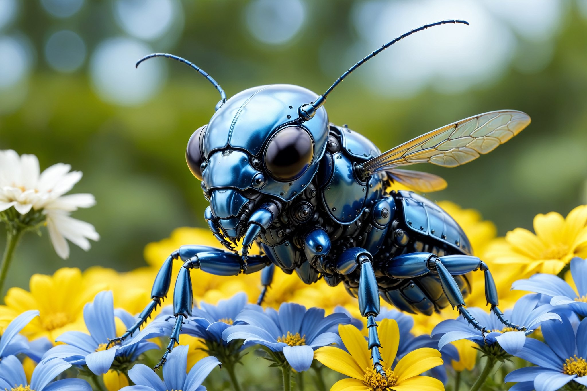 cinematic,  background blur garden with flowers,  chrome robotic body metal stag beetle BLUE YELLOW and black color by A.I...