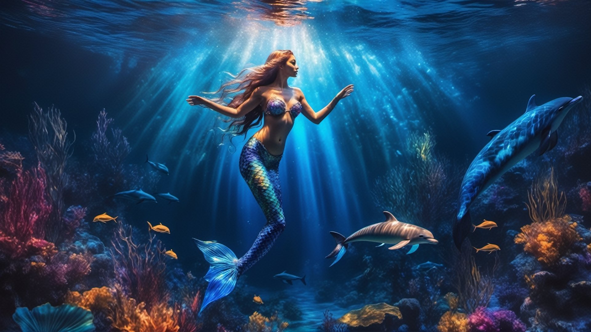 high detailed professional photo of a transparent MERMAID SWIMMING WITH DOLPHINS in the ocean,  with glowing backlit panel...