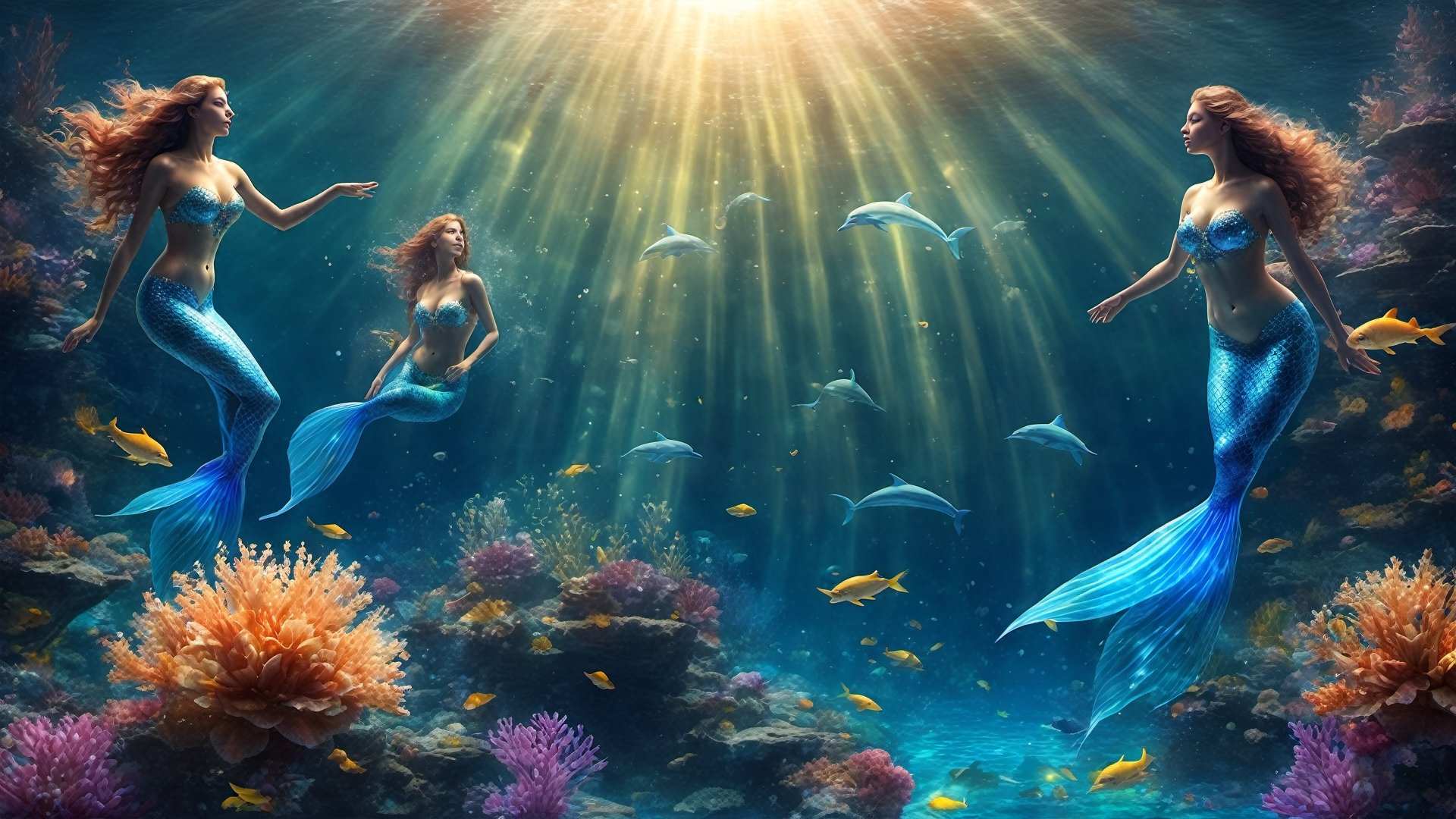 (5 MERMAIDS SWIMMING WITH BLUE DOLPHINS masterpiece,  4k ,  ultra-detailed:) by A.I. DIGITAL ARTS N.Y on Tensor.Art