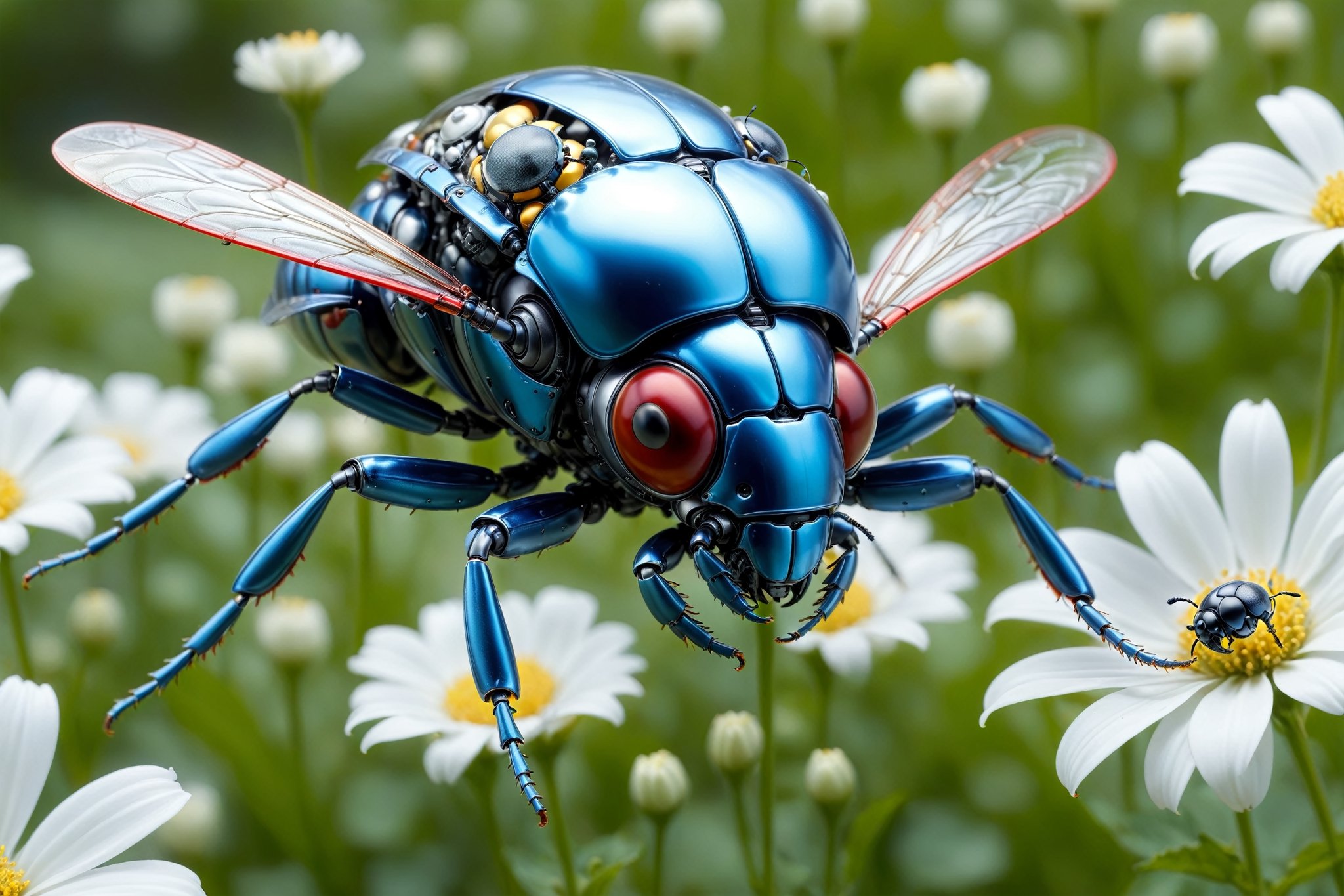 cinematic,  background blur garden with WHITE flowers,  chrome robotic body metal flying beetle RED BLUE and black color b...
