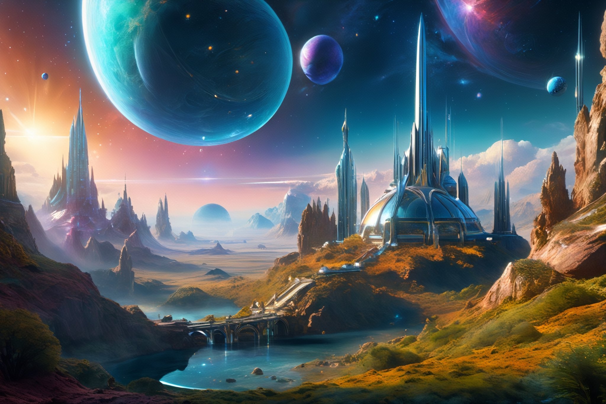 retro scifi landscape,  beautiful colours,  sharp textures by A.I. DIGITAL ARTS N.Y on Tensor.Art