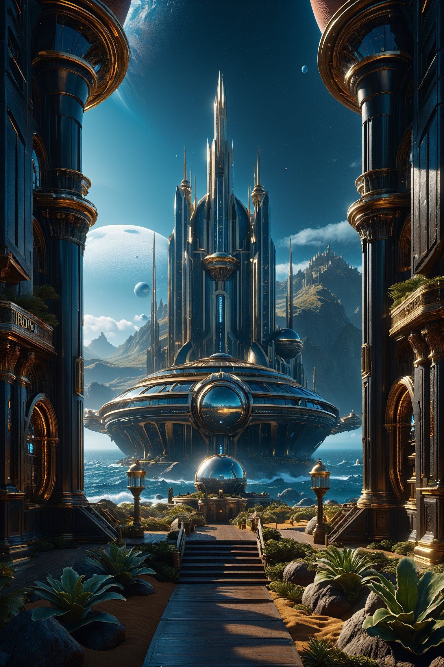 A Photograph: Behold a breathtaking vista of a hyperdetailed Renaissance Sci-Fi Fantasy world,  a coastal town nestled gra...