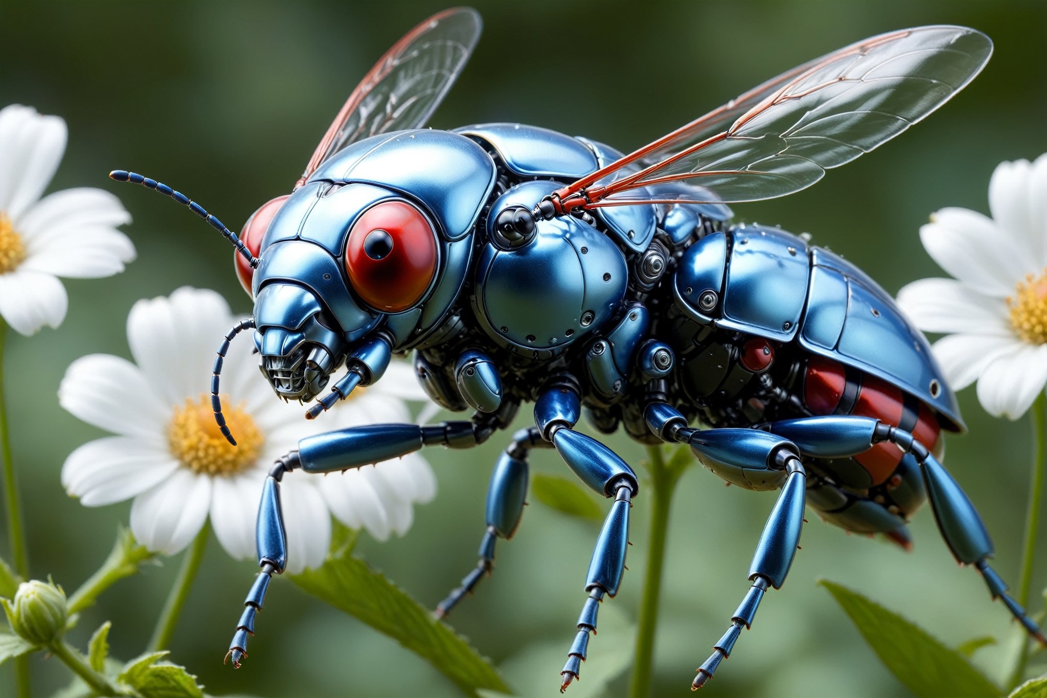 cinematic,  background blur garden with WHITE flowers,  chrome robotic body metal flying beetle RED BLUE and black color b...