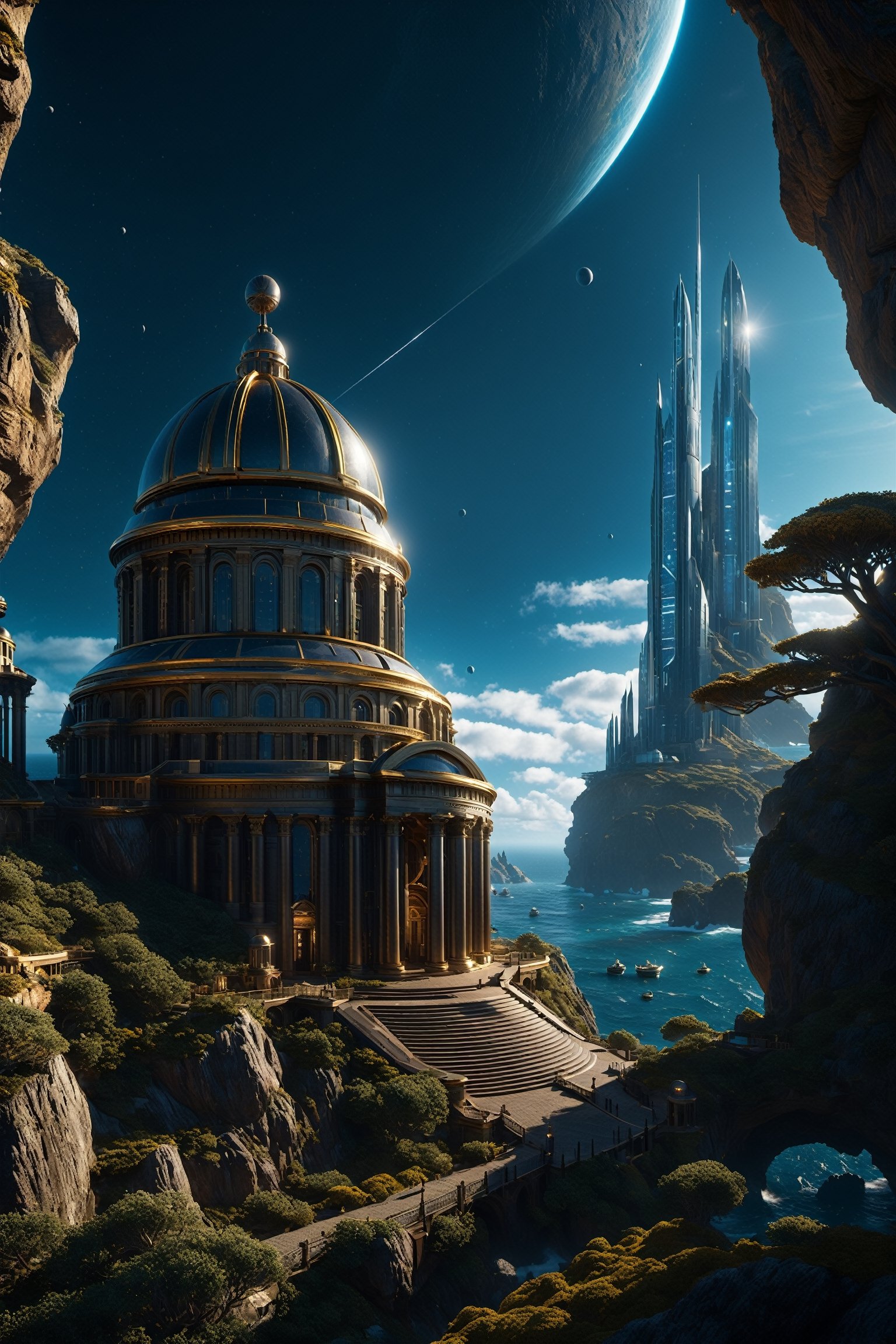 A Photograph: Behold a breathtaking vista of a hyperdetailed Renaissance Sci-Fi Fantasy world,  a coastal town nestled gra...