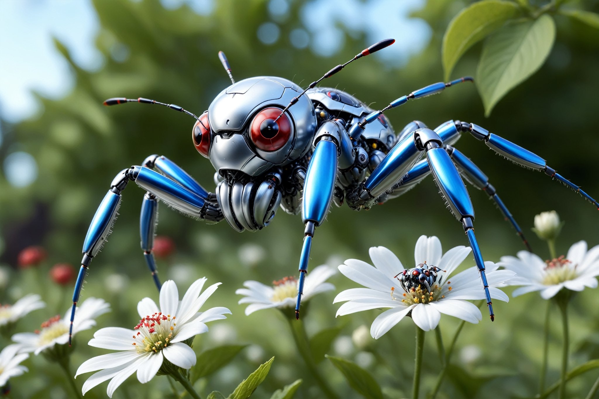 cinematic,  background blur garden with WHITE flowers,  chrome robotic body metal flying SPIDERS RED BLUE and black color...
