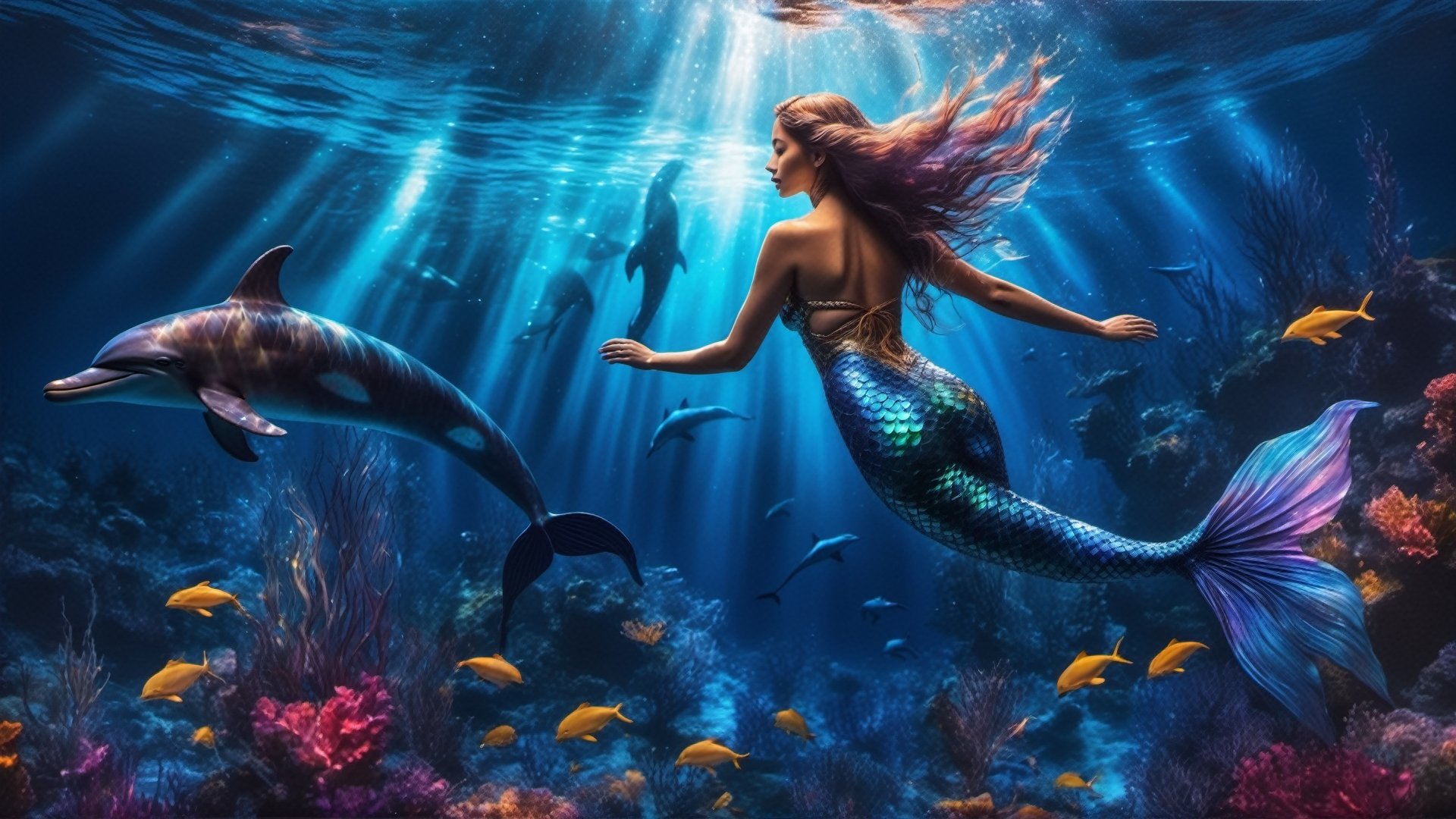 high detailed professional photo of a transparent MERMAID SWIMMING WITH DOLPHINS in the ocean,  with glowing backlit panel...