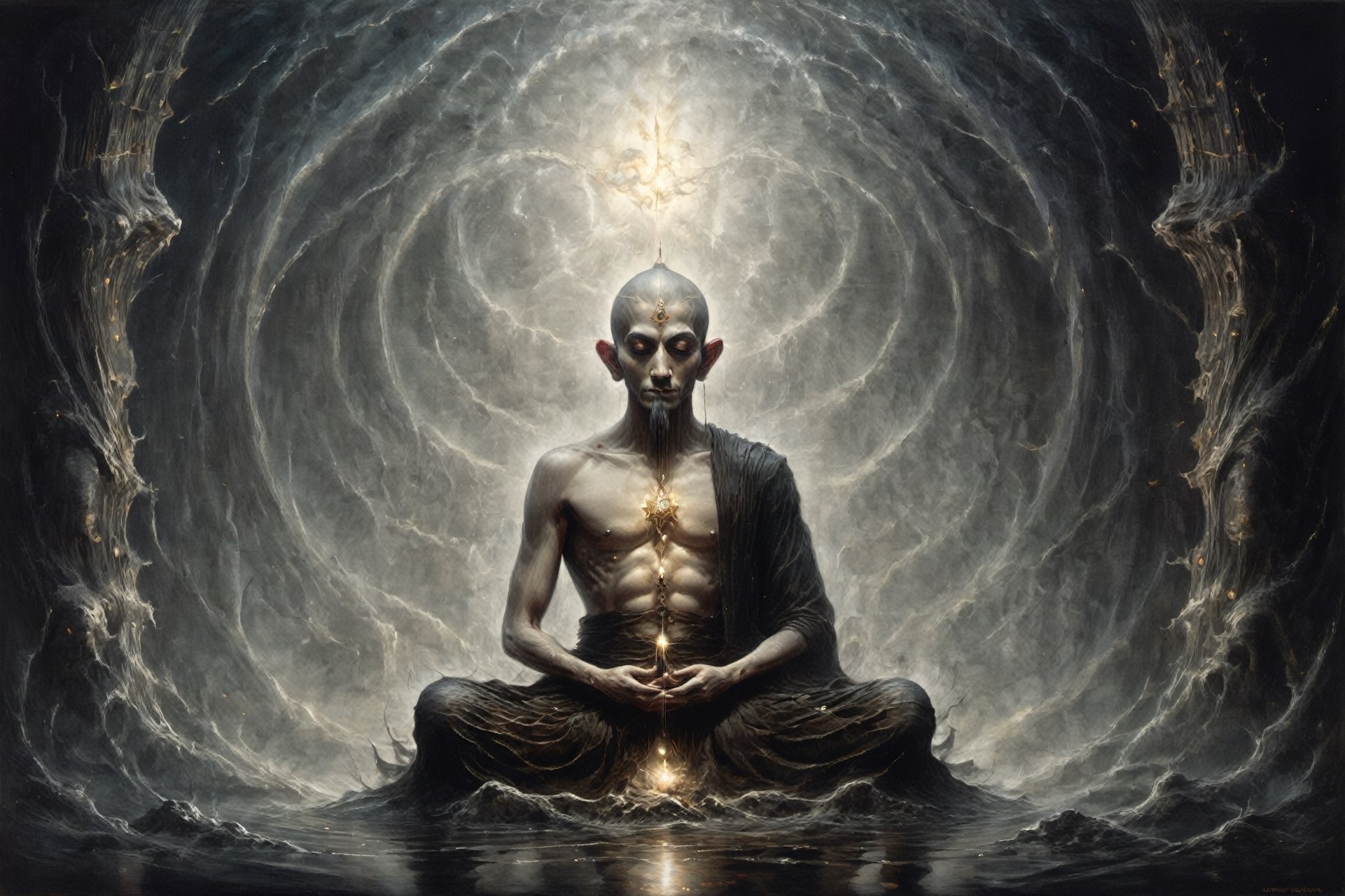 astrar body monk,monk doing zazen meditation
,back ground Lotus NEVULA, heightened  consciousness,other dimensions, ,Obsidian Enigma Art Style,