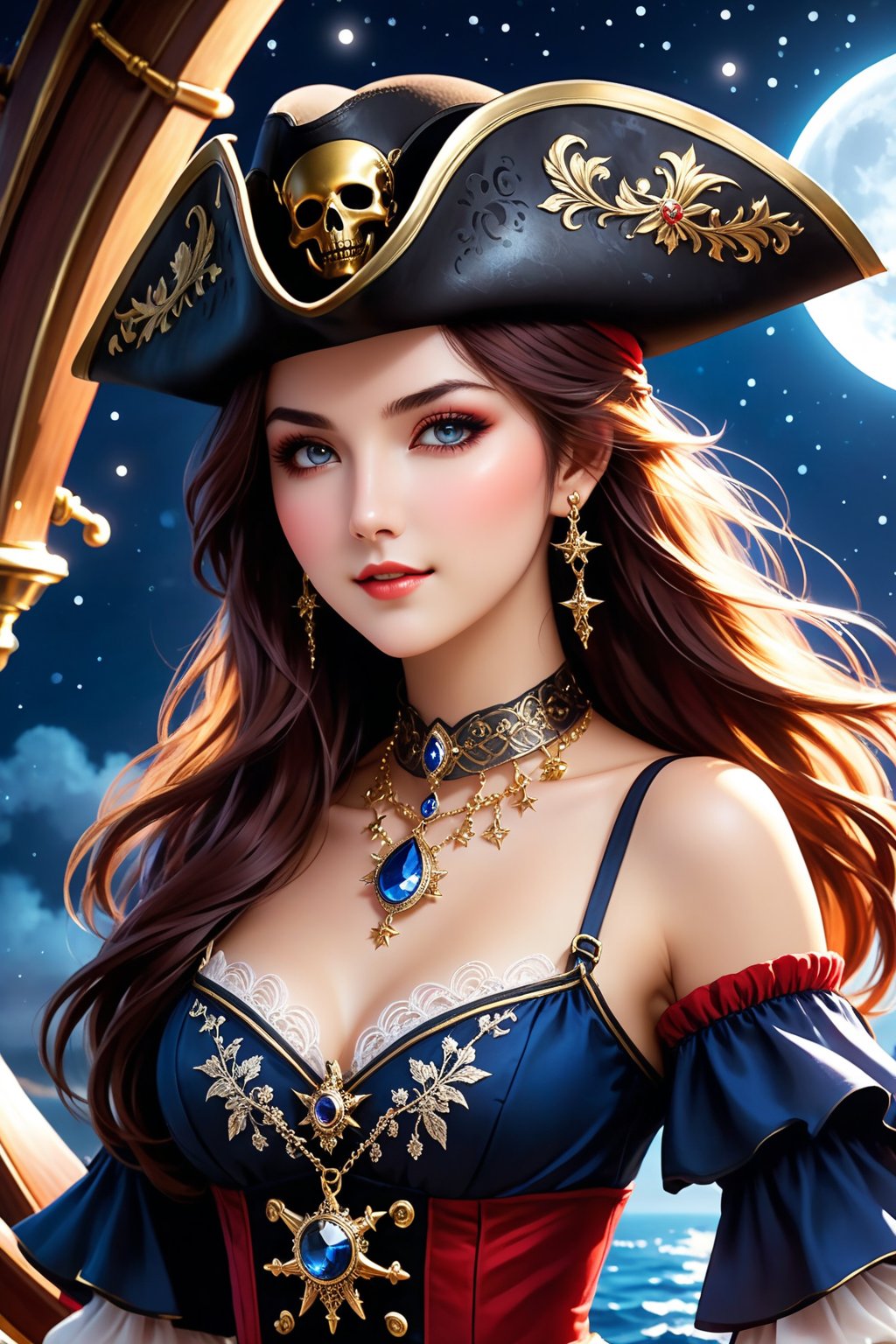 high quality, super realistic, pirate hat, a 20-year-old Pirate Maiden with a celestial beauty rivaling the stars, Picture her poised at the helm of a grand pirate ship, her silhouette defined against the shimmering night sky of a crimson moon, The vessel itself is a maritime masterpiece, adorned with intricate carvings, polished brass embellishments, and an array of mystical symbols, The Scarlet Moonlit Pirate dons a resplendent ensemble blending midnight blues with silvery hues, adorned with delicate lace and glistening gemstones, A star-like pendant gracefully hangs around her neck, emphasizing her bewitching aura, by yukisakura, high detailed,
