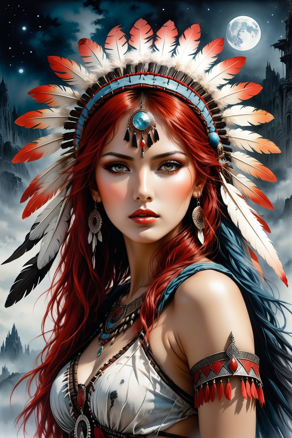 A beautiful red haired girl with a native American chief headdress. Luis Royo bookmark of surrealistic dreams, magic, watercolor, ink, acrylic, double exposure, futuristic, fantasy, great detail, mid-night, moon, fog, gothic gloom, art on a cracked paper, storybook detailed illustration, cinematic, ultra highly detailed, tiny details, beautiful details, mystical, luminism, vibrant colors