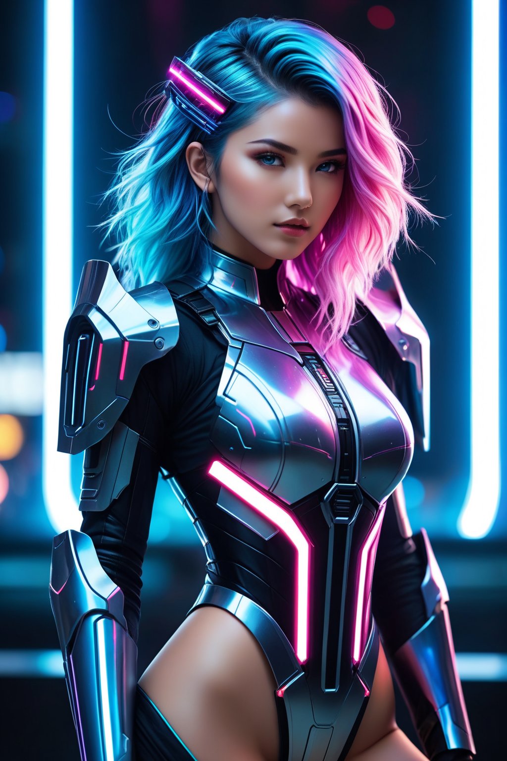 high quality, 8K Ultra HD, full body, have a cyber saber, a mesmerizing 20-year-old woman with a futuristic beauty that seems to transcend time and space, intricately woven into her very being, encased in the cybernetic suit, move with fluidity and precision, Her flowing hair resembles streams of neon lights, casting a vibrant glow that adds a touch of cyberpunk brilliance to her appearance, Each strand of hair is meticulously crafted with holographic patterns that shimmer and shift, creating an ever-changing display of colors, by yukisakura, highly detailed,

