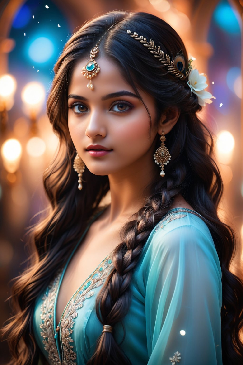 A breathtakingly beautiful 18-year-old girl named Anikha, who is the epitome of elegance and charm. She stands out as the central focus of this ultra-detailed, 8K resolution masterpiece with a perfect score of 9 and a UHD rating of 1.3. Her delicate facial features are captured with a stunning realism that's amplified by a majestic score of 1.5, making her appear as if she's stepped out of a high-definition dream. Her skin glows with a soft blush, perfectly accentuating her detailed, natural beauty. Her eyes, a rich brown, are filled with a blissful vibe, reflecting the cinematic lighting that surrounds her. They are so realistic and sharp that they seem to hold secrets of the universe within them. The exquisite twin braids of her long, shining hair are adorned with a hair ornament that adds an extra touch of elegance to her already flawless look. The background, a canvas of blurred perfection with a score of 1.7 for background blur, showcases an intricate peacock feather design that complements the overall aesthetic without overwhelming the main subject.