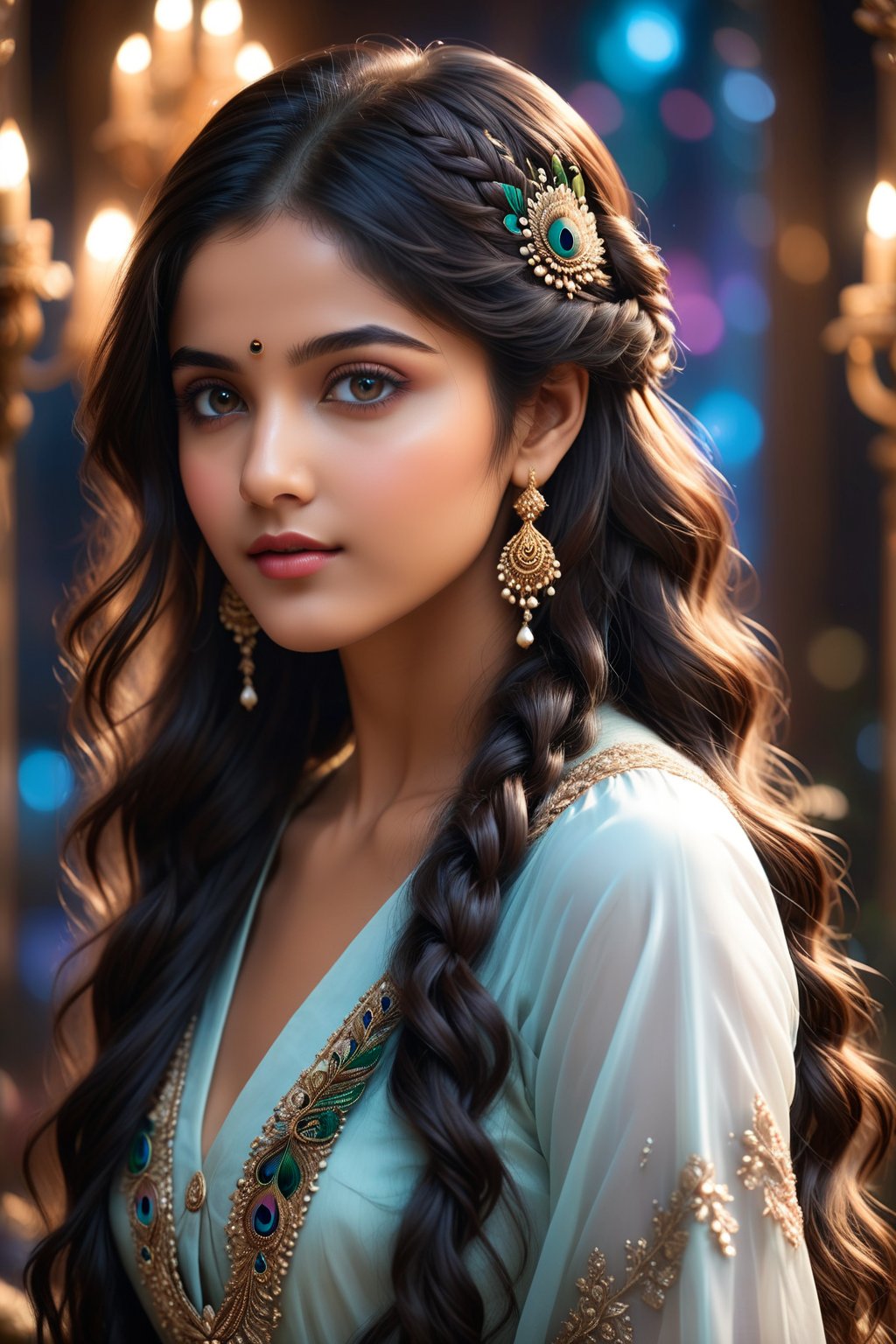 A breathtakingly beautiful 18-year-old girl named Anikha, who is the epitome of elegance and charm. She stands out as the central focus of this ultra-detailed, 8K resolution masterpiece with a perfect score of 9 and a UHD rating of 1.3. Her delicate facial features are captured with a stunning realism that's amplified by a majestic score of 1.5, making her appear as if she's stepped out of a high-definition dream. Her skin glows with a soft blush, perfectly accentuating her detailed, natural beauty. Her eyes, a rich brown, are filled with a blissful vibe, reflecting the cinematic lighting that surrounds her. They are so realistic and sharp that they seem to hold secrets of the universe within them. The exquisite twin braids of her long, shining hair are adorned with a hair ornament that adds an extra touch of elegance to her already flawless look. The background, a canvas of blurred perfection with a score of 1.7 for background blur, showcases an intricate peacock feather design that complements the overall aesthetic without overwhelming the main subject.