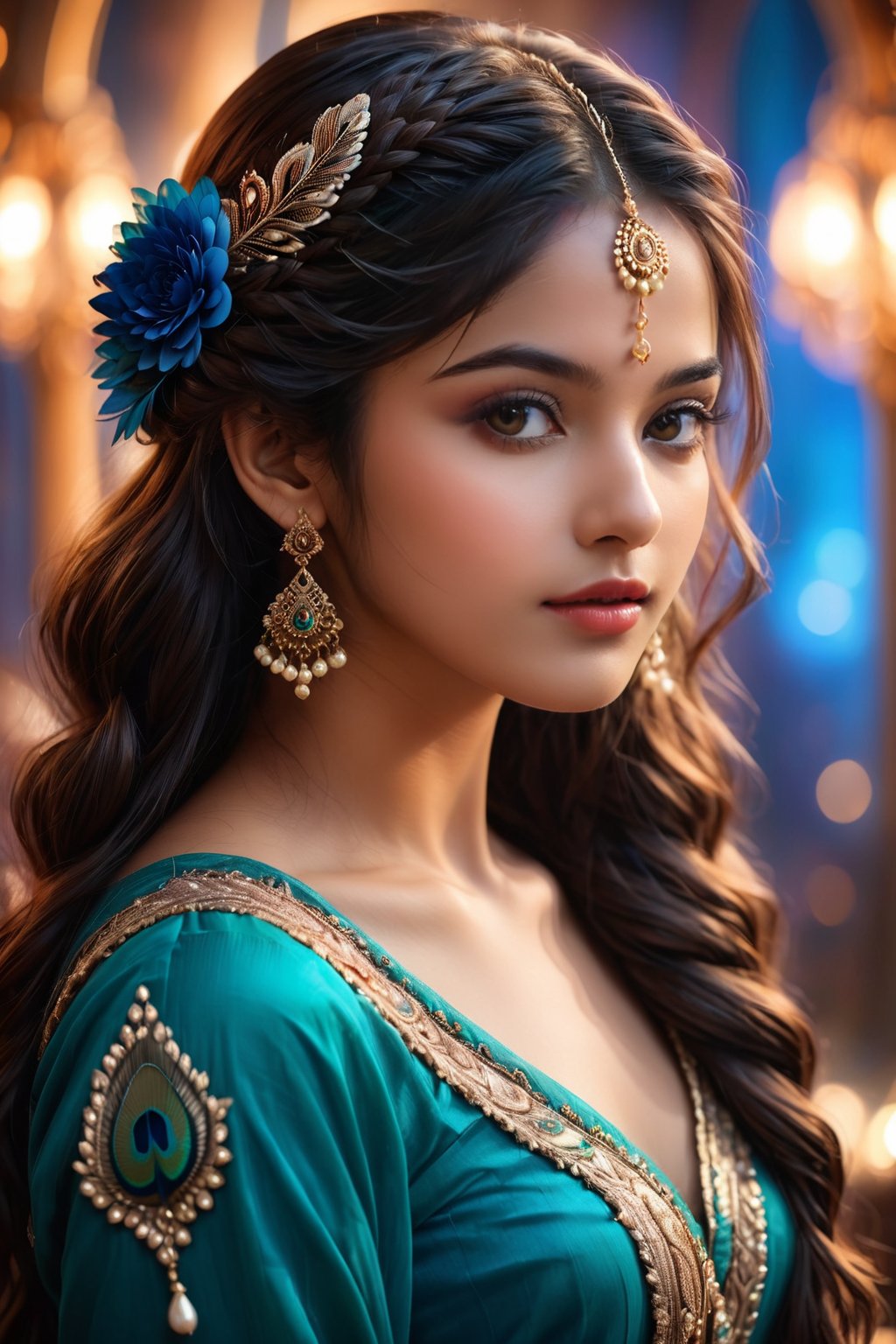 A breathtakingly beautiful 18-year-old girl named Anikha, who is the epitome of elegance and charm. She stands out as the central focus of this ultra-detailed, 8K resolution masterpiece with a perfect score of 9 and a UHD rating of 1.3. Her delicate facial features are captured with a stunning realism that's amplified by a majestic score of 1.5, making her appear as if she's stepped out of a high-definition dream. Her skin glows with a soft blush, perfectly accentuating her detailed, natural beauty. Her eyes, a rich brown, are filled with a blissful vibe, reflecting the cinematic lighting that surrounds her. They are so realistic and sharp that they seem to hold secrets of the universe within them. The exquisite twin braids of her long, shining hair are adorned with a hair ornament that adds an extra touch of elegance to her already flawless look. The background, a canvas of blurred perfection with a score of 1.7 for background blur, showcases an intricate peacock feather design that complements the overall aesthetic without overwhelming the main subject.