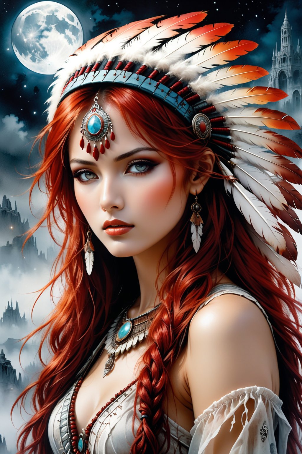 A beautiful red haired girl with a native American chief headdress. Luis Royo bookmark of surrealistic dreams, magic, watercolor, ink, acrylic, double exposure, futuristic, fantasy, great detail, mid-night, moon, fog, gothic gloom, art on a cracked paper, storybook detailed illustration, cinematic, ultra highly detailed, tiny details, beautiful details, mystical, luminism, vibrant colors