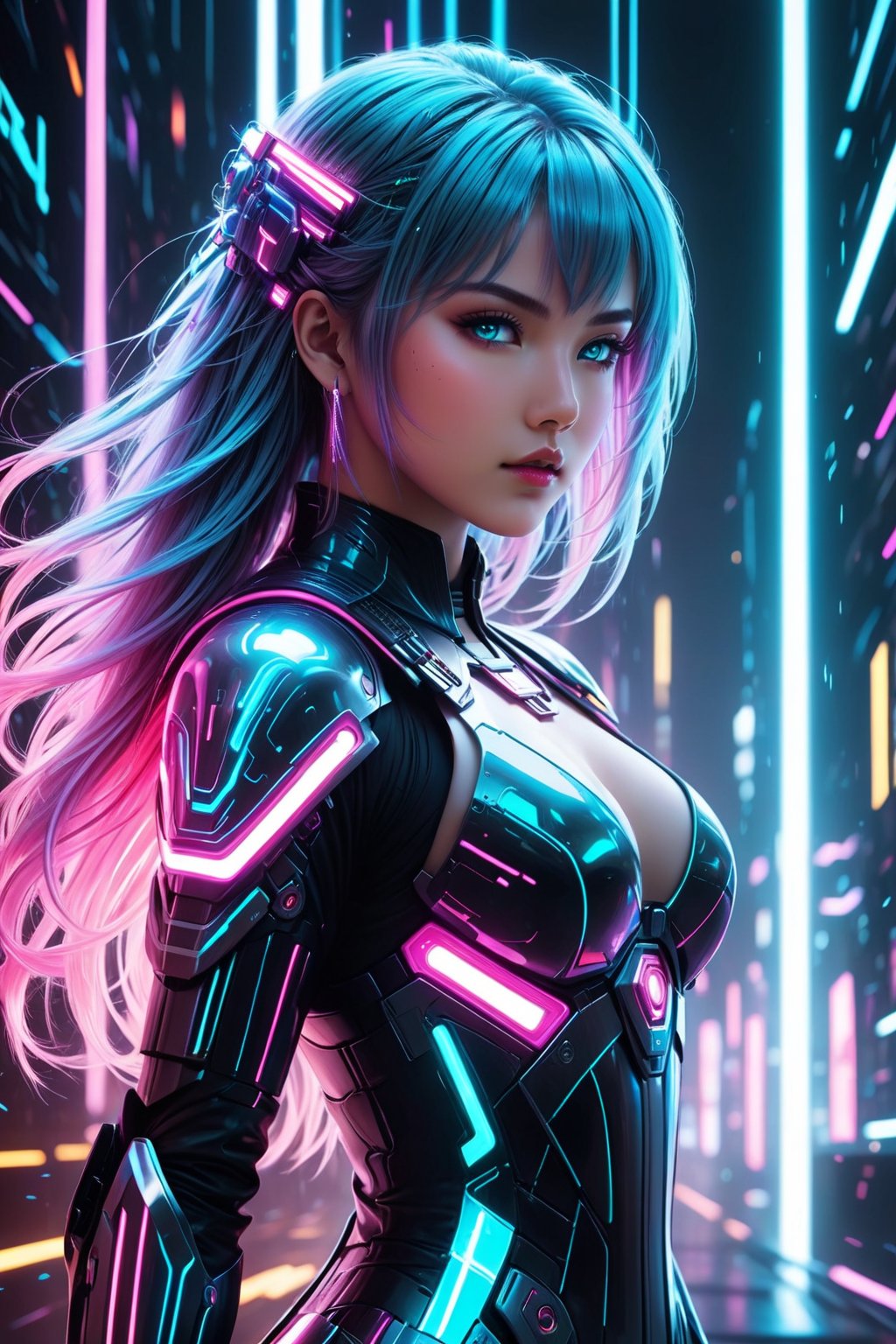 high quality, 8K Ultra HD, full body, have a cyber saber, a mesmerizing 20-year-old woman with a futuristic beauty that seems to transcend time and space, intricately woven into her very being, encased in the cybernetic suit, move with fluidity and precision, Her flowing hair resembles streams of neon lights, casting a vibrant glow that adds a touch of cyberpunk brilliance to her appearance, Each strand of hair is meticulously crafted with holographic patterns that shimmer and shift, creating an ever-changing display of colors, by yukisakura, highly detailed,

