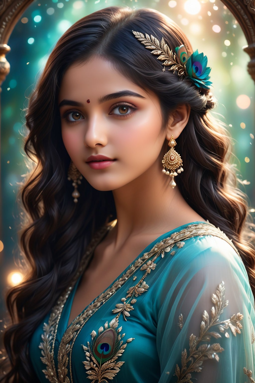 A breathtakingly beautiful 18-year-old girl named Anikha, who is the epitome of elegance and charm. She stands out as the central focus of this ultra-detailed, 8K resolution masterpiece with a perfect score of 9 and a UHD rating of 1.3. Her delicate facial features are captured with a stunning realism that's amplified by a majestic score of 1.5, making her appear as if she's stepped out of a high-definition dream. Her skin glows with a soft blush, perfectly accentuating her detailed, natural beauty. Her eyes, a rich brown, are filled with a blissful vibe, reflecting the cinematic lighting that surrounds her. They are so realistic and sharp that they seem to hold secrets of the universe within them. The exquisite twin braids of her long, shining hair are adorned with a hair ornament that adds an extra touch of elegance to her already flawless look. The background, a canvas of blurred perfection with a score of 1.7 for background blur, showcases an intricate peacock feather design that complements the overall aesthetic without overwhelming the main subject.