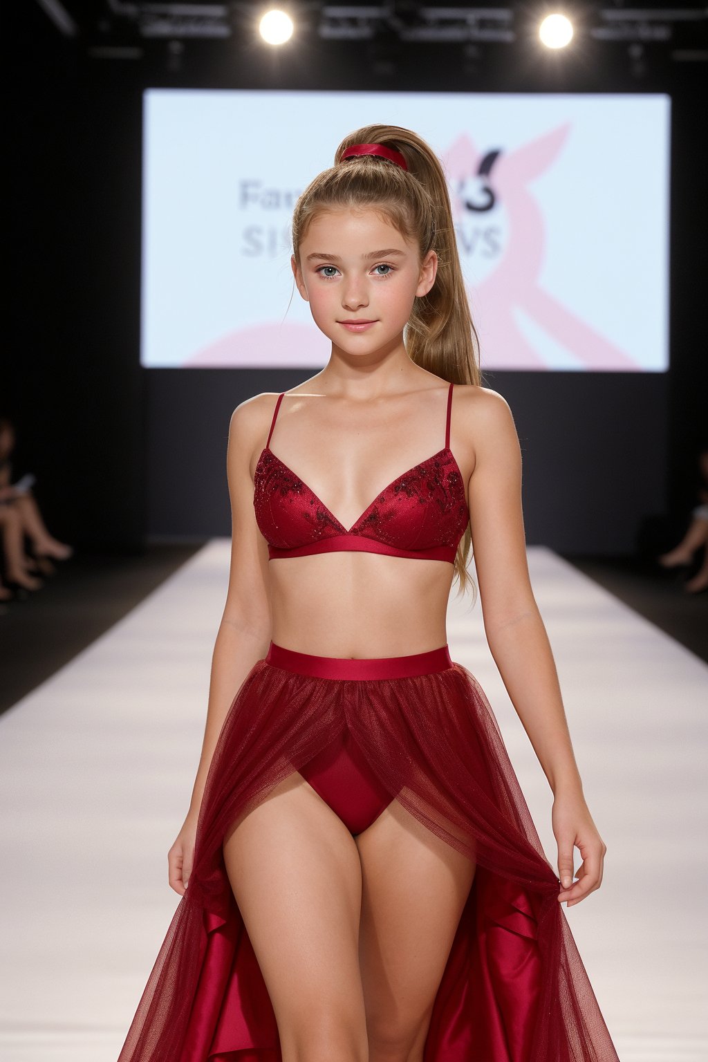 A beautiful (13_year_old:1.2) English girl with a beautiful face. She is walking down the catwalk at a fashion show. She is wearing an elaborate but revealing dress. Her midriff is exposed. Her hair is in a ponytail. Her lips are soft and full. She is blushing, embarrassed. (smiling:0.5)