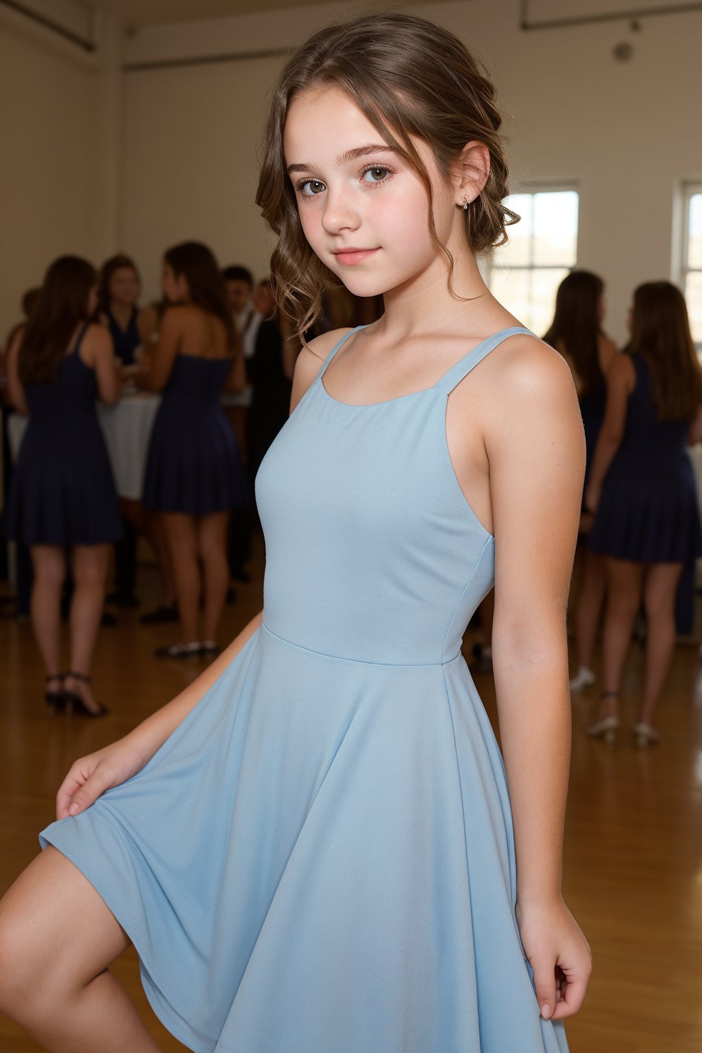 A (15_year_old:1.2) girl at a school dance. She is wearing a low-cut, flowing dress. She is adorable, innocent, vulnerable. Her lips are full and soft. Her expression is nervous. 