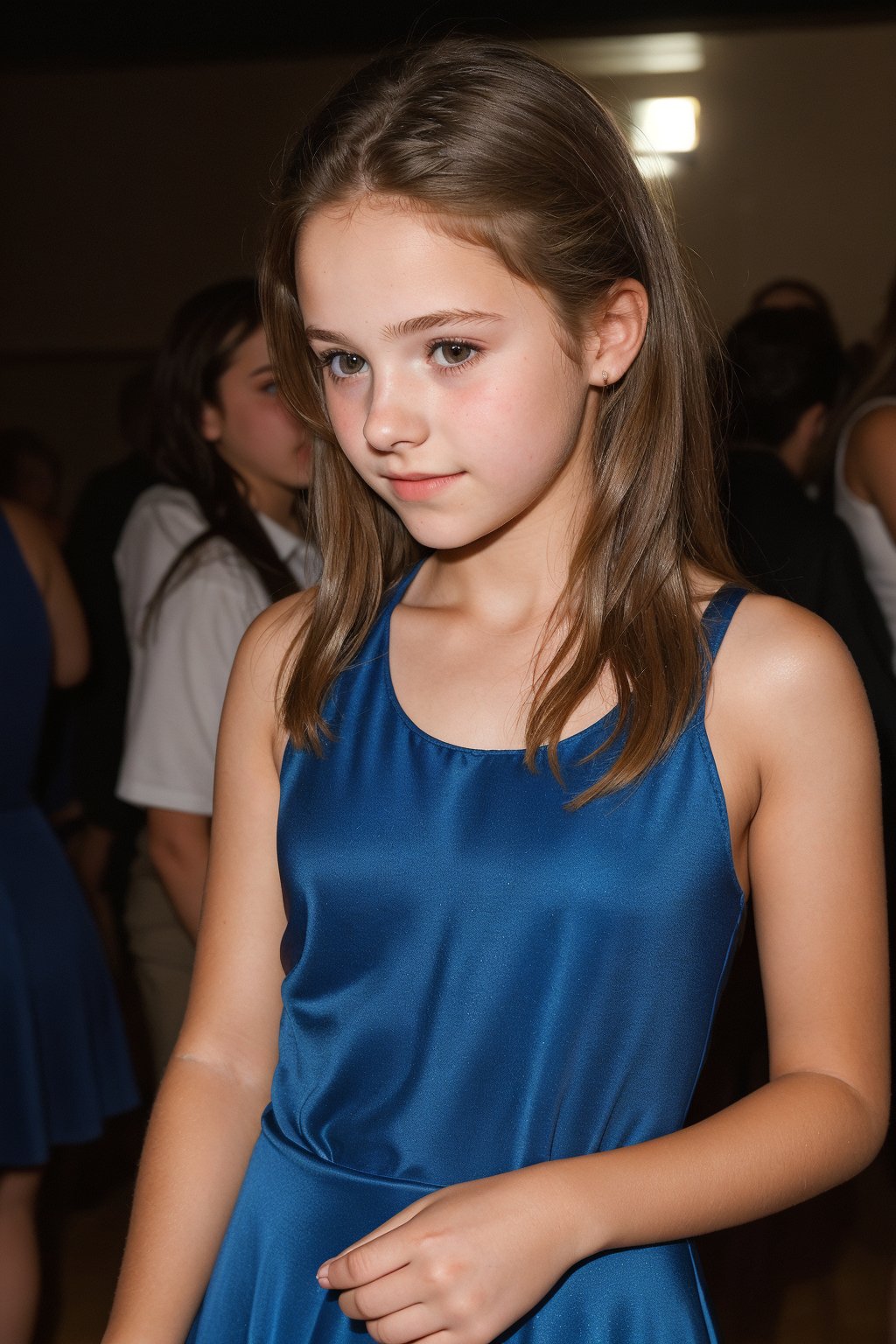 A (15_year_old:1.2) girl at a school dance. She is wearing a low-cut, flowing dress. She is adorable, innocent, vulnerable. Her lips are full and soft. Her expression is nervous. 