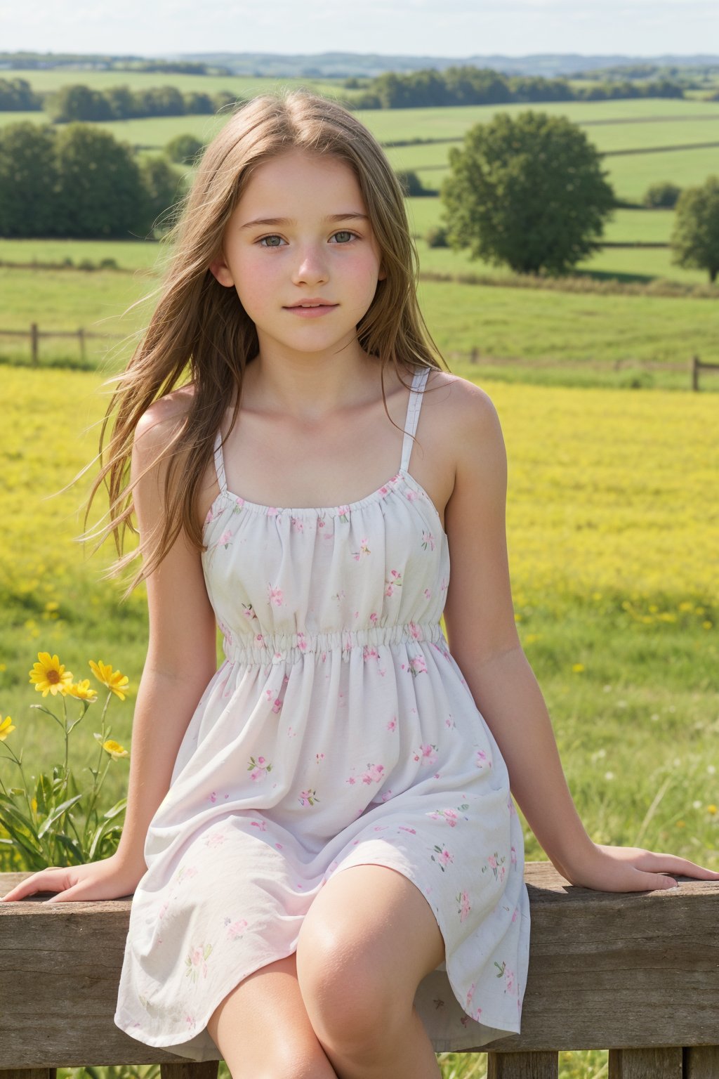 An adorable (15_year_old:1.2) English girl sitting on a fence in the countryside. The wind is blowing her thin short flowery summer dress. Her lips are soft and full. Her expression is wistful. 