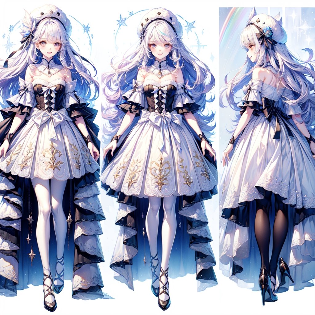 (((((white theme))))), unique and beautiful, attractive, dress, clothes, ((((chara-sheet)))), (((1 girl with white hair sparkle white rainbow throughout randomly, white rainbow eyes, long hair, wavy hair, small breasts), smiling, happy, long dress, white, cute, cute fluffy hat, doll dress, hands in chest, winter, snowing, fullbody))), (((chibi, small, cute , short, petit))), , (full body, ((((Character design, concept art, ((front view)), side view)))), crisp, quality, hdr, ((1girl, lol)), cute, lolita, (Masterpiece, Best Quality:1.3), (2d:1.3), top quality, 8k, ultra-detailed full body portrait, 8k