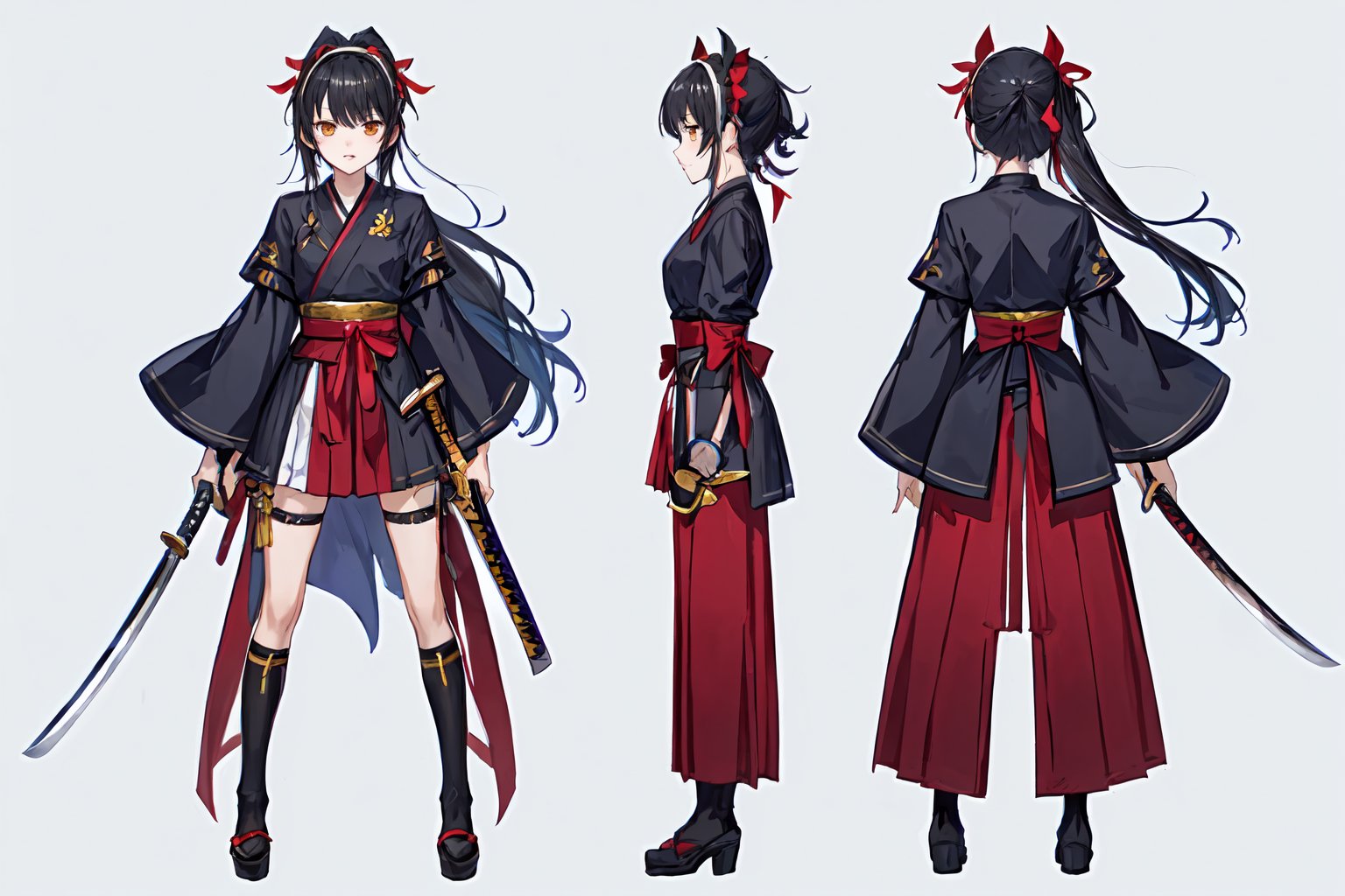 ((1 magical girl, rainbow, an anime character holding a sword up high and wearing a long skirt, 1girl, kawaii,weapon,black hair, solo,deep scarlett eyes, ponytail, long hair,(red ribbon), (katana), ((holding handle of katana)), japanese armor, hakama, holding weapon, leg armor, holding katana, looking at viewer,(hairband with metal-plate),watercolor medium,kawaiitech,girl, (((((chara-sheet))))),chara-sheet,More Detail
