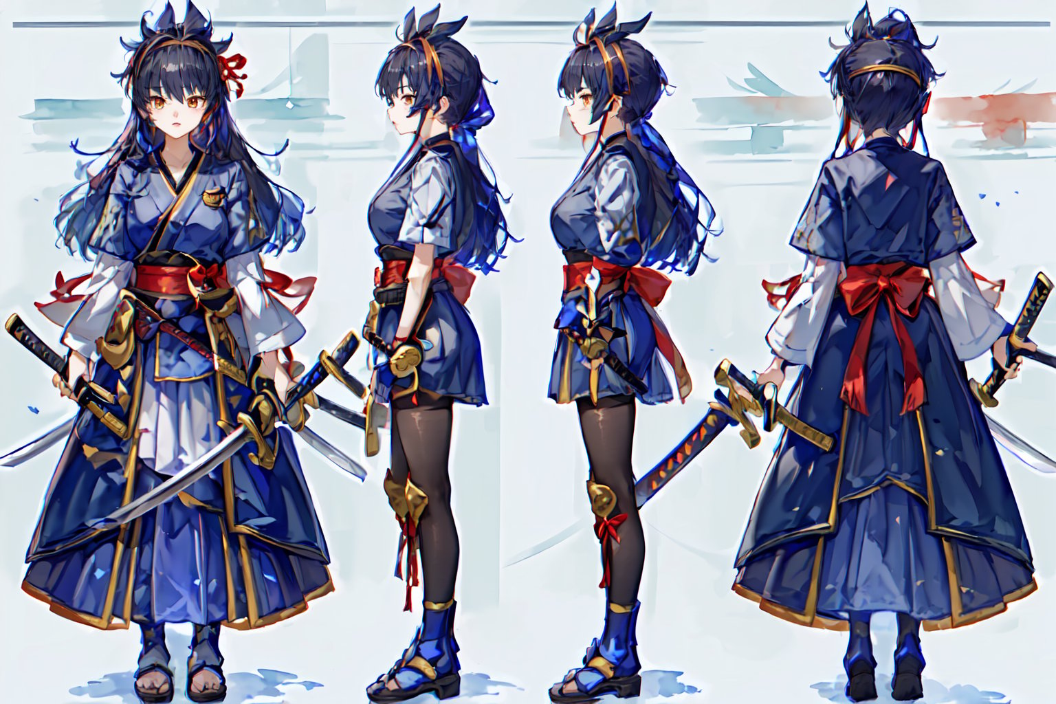 ((1 magical girl, rainbow, an anime character holding a sword up high and wearing a long skirt, 1girl, kawaii,weapon,black hair, solo,deep scarlett eyes, ponytail, long hair,(red ribbon), (katana), ((holding handle of katana)), japanese armor, hakama, holding weapon, leg armor, holding katana, looking at viewer,(hairband with metal-plate),watercolor medium,kawaiitech,girl, (((((chara-sheet))))),chara-sheet,More Detail
