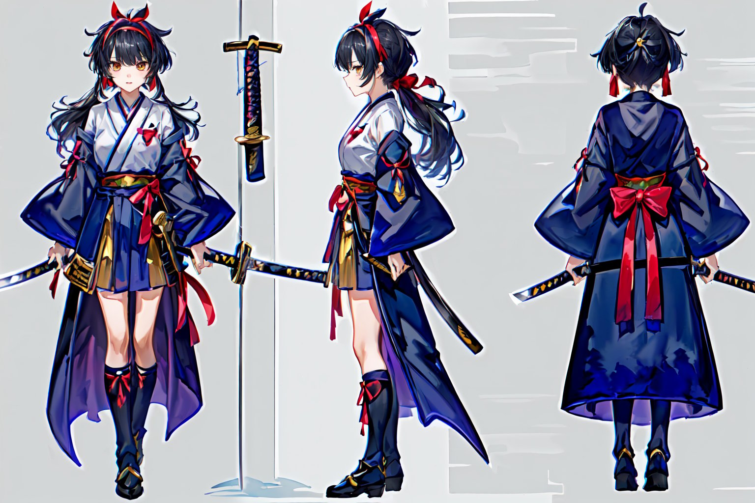 ((1 magical girl, rainbow, an anime character holding a sword up high and wearing a long skirt, 1girl, kawaii,weapon,black hair, solo,deep scarlett eyes, ponytail, long hair,(red ribbon), (katana), ((holding handle of katana)), japanese armor, hakama, holding weapon, leg armor, holding katana, looking at viewer,(hairband with metal-plate),watercolor medium,kawaiitech,girl, (((((chara-sheet))))),chara-sheet,More Detail
