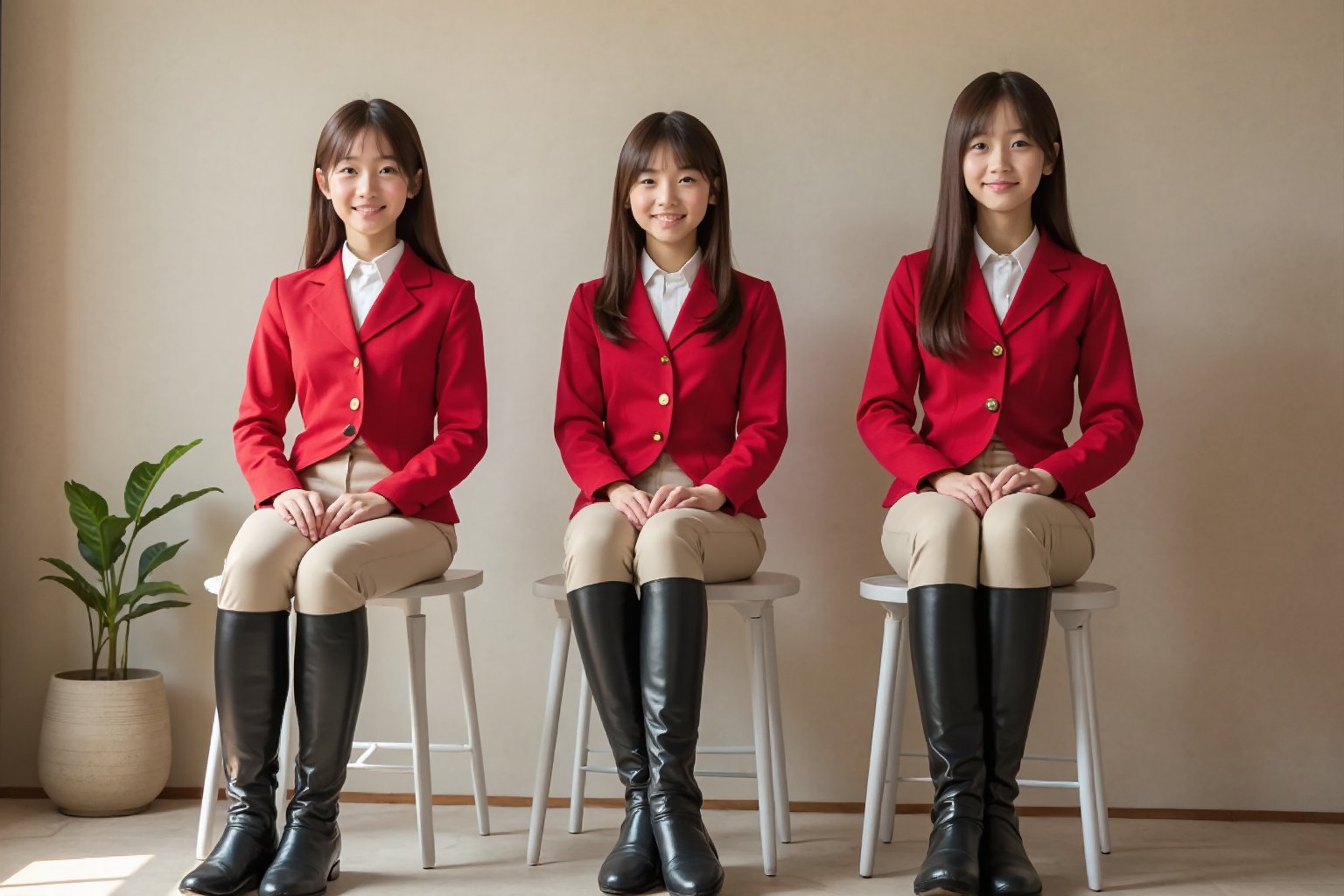 A full-body photo of three Japanese girls wearing traditional equestrian attire. Each girl has brown hair and is smiling, looking directly at the viewer. They are dressed in red riding shirts, fitted beige riding pants, and tall black riding boots, sitting with their legs crossed on simple chairs. The entire body of each girl is clearly visible, from their polished boots to their confident posture. The background is neutral and minimalist, featuring a beige wall and a small potted plant. Soft lighting highlights the texture and details of their outfits, creating a balanced and realistic atmosphere.

