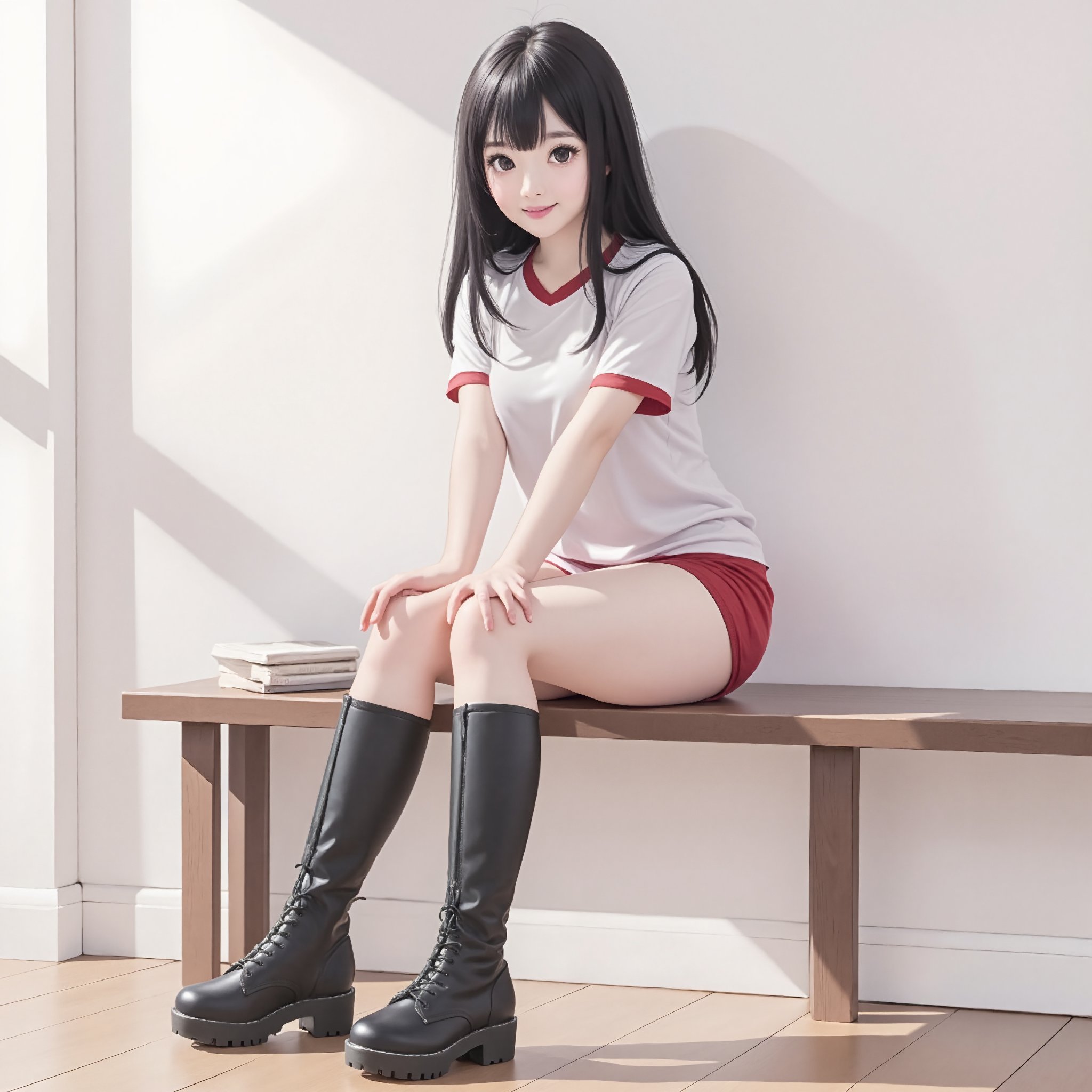 1girl, solo, boots, black_hair, sitting, bench, black_eyes, shorts, long_hair, red_shorts, gym_uniform, black_footwear, shirt, knee_boots, ridding boots, looking_at_viewer, lips, full_body