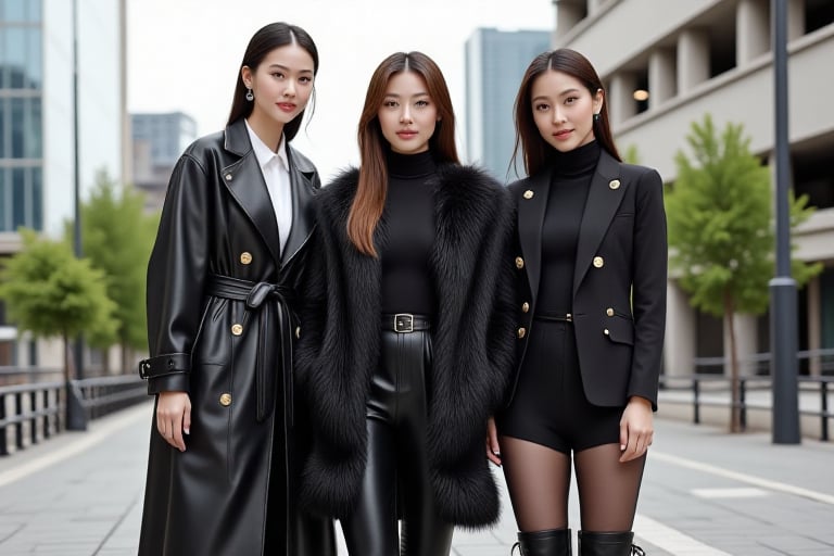 Create an image of three Japanese women posing stylishly in an urban setting with modern high-rise buildings and greenery in the background. Each woman wears an all-black outfit with unique textures and styles that showcase a chic, sophisticated aesthetic.

The woman on the left wears a sleek black leather trench coat over matching leather pants, paired with knee-high black stiletto boots. Her hair is pulled back, and she has a confident smile, exuding elegance and modernity. The woman in the center has long, light brown hair and is dressed in a black textured faux fur jacket that adds volume and luxury to her look. She wears fitted leather pants that accentuate her style, and pointed black stiletto boots, while posing playfully with a peace sign.

The woman on the right has long, dark hair and wears a short black wool jacket with gold buttons, layered over a black top and high-waisted shorts. She pairs this with opaque gray tights and knee-high black leather boots with a square heel. She smiles subtly, adding a casual but refined vibe to the group. The image highlights their fashionable, coordinated outfits with a monochromatic, city-chic aesthetic, while subtly emphasizing their Japanese features and sophisticated urban style.