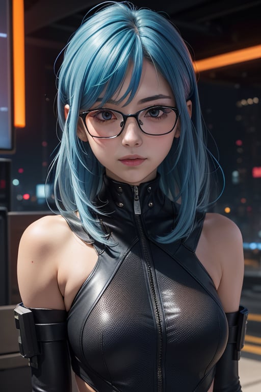 Character 1 girl in a cyberpunk anime live-action hair blue color, eyeglasses, modern gadget in Mars year 2500, dress