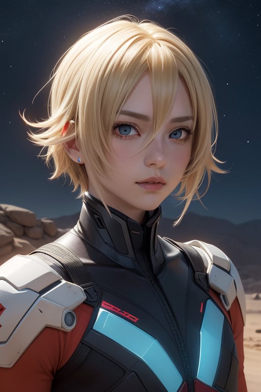 Character 1 man anime movie with hair blonde, a modern gadget in Mars year 2500