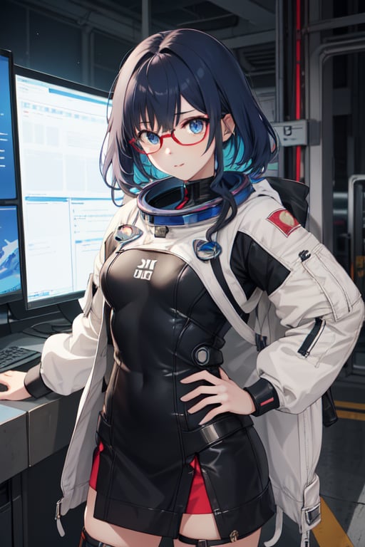 Character 1 girl in a cyberpunk anime live-action hair blue color, eyeglasses, modern gadget in Mars year 2500, dress mode astronaut