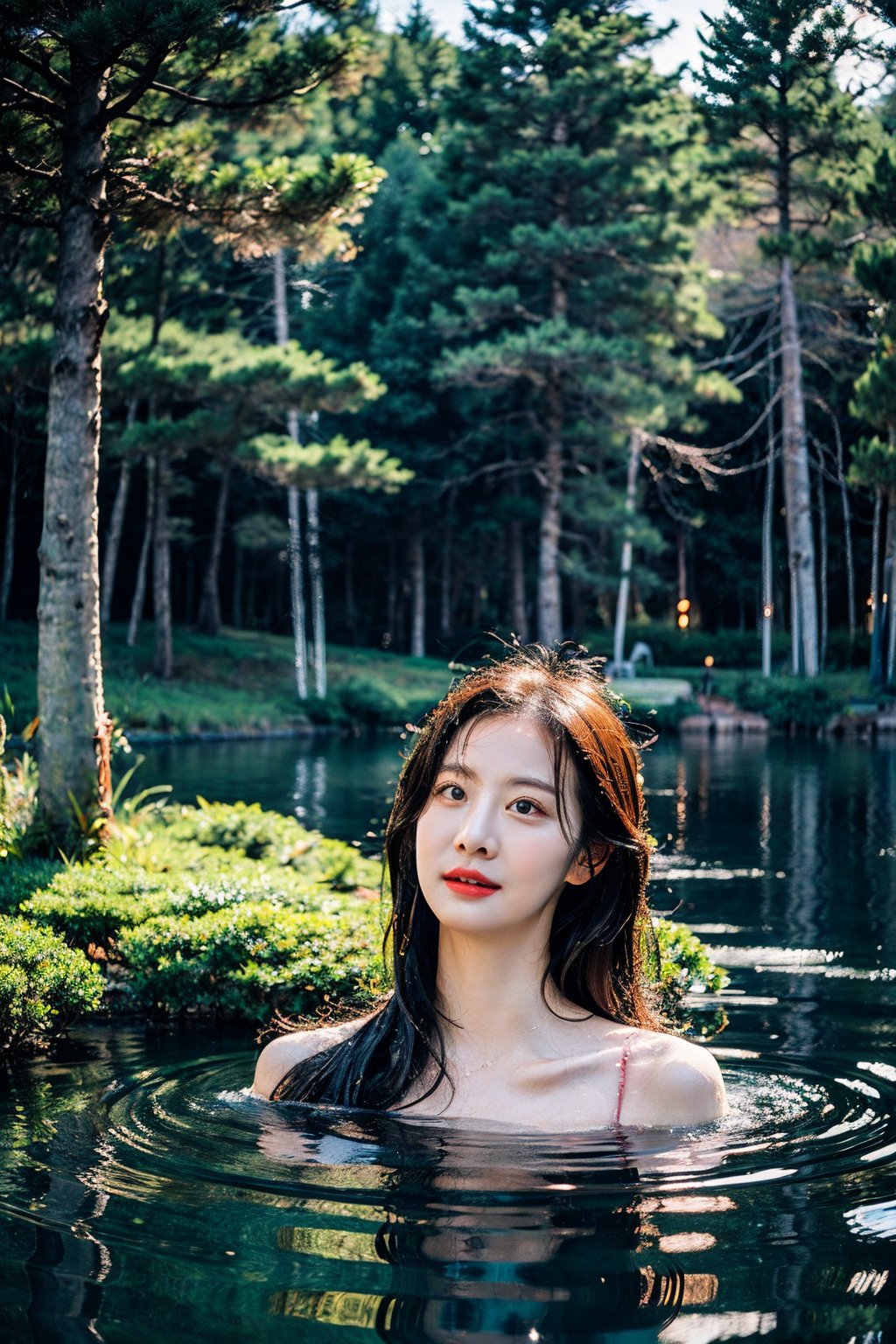 girl swimming in a lake in a dark forest. Her hair is wet and long. Surrounded by trees, rocks, moss, and water. Realistic water. Realistic nature. Night time. Moonlight shining on her body.  Ultra 4k hd. Anatomically correct body and face. ,dasomlorashy